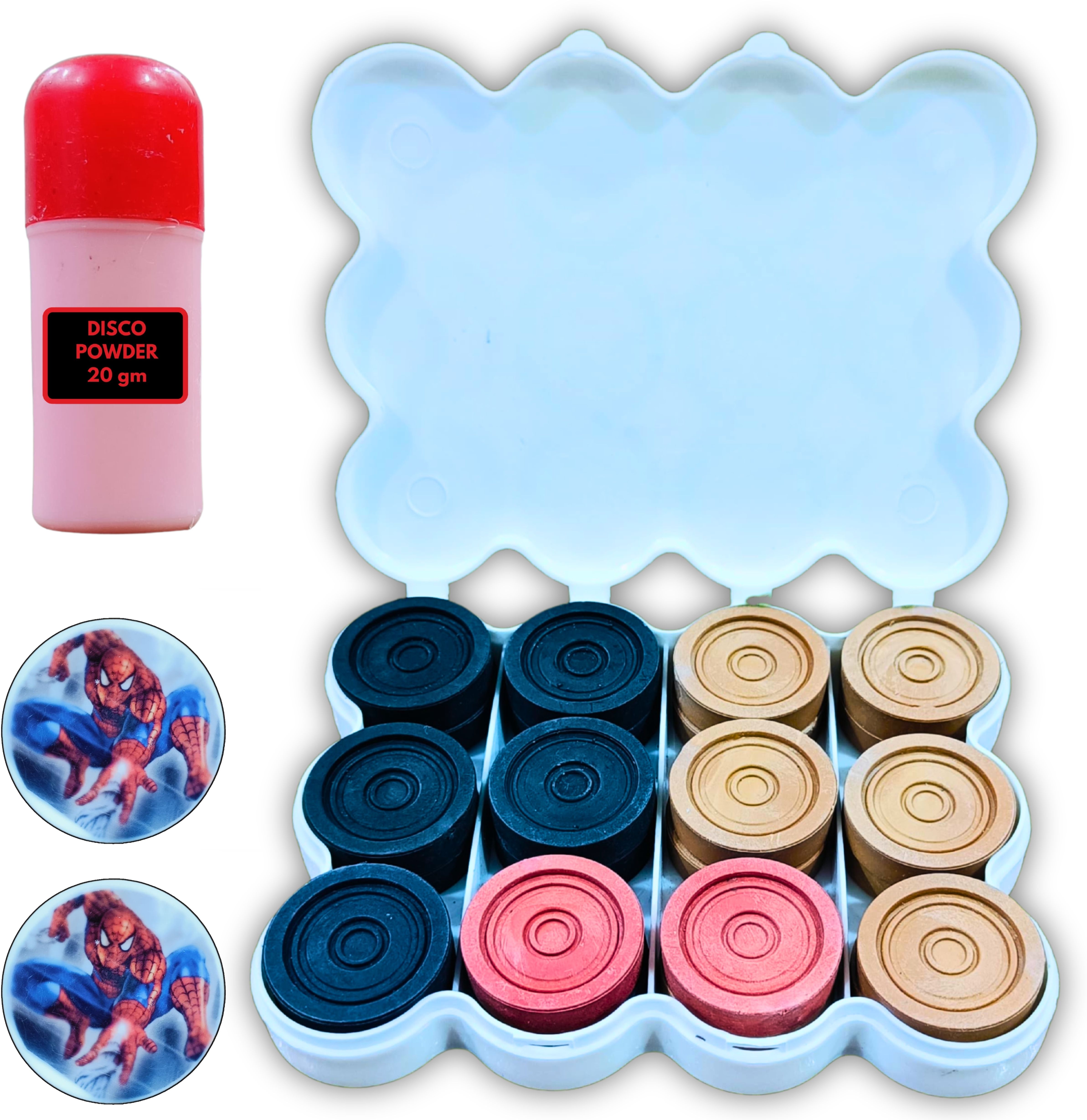 Wooden & Crystal Carrom Coins Combo with 2 Strikers & 20g Disco Powder Carrom Pawns-image-0