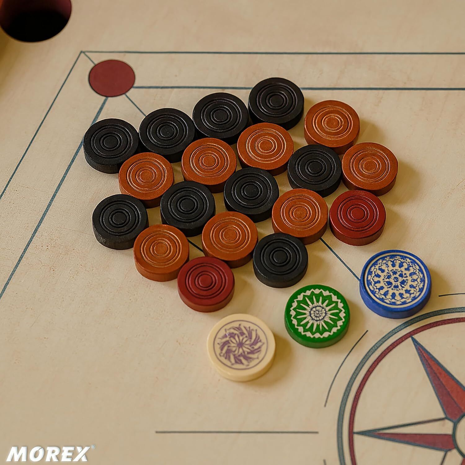 movex Morex Carrom Coins Set for Kids & Adults | 24 Wooden Coins with 3 Strikers Coin Carrom Pawns-picture-42