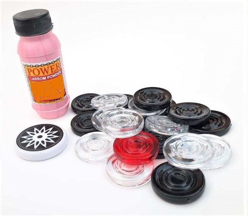 Crystal carrom coins set with striker and powder Carrom Pawns