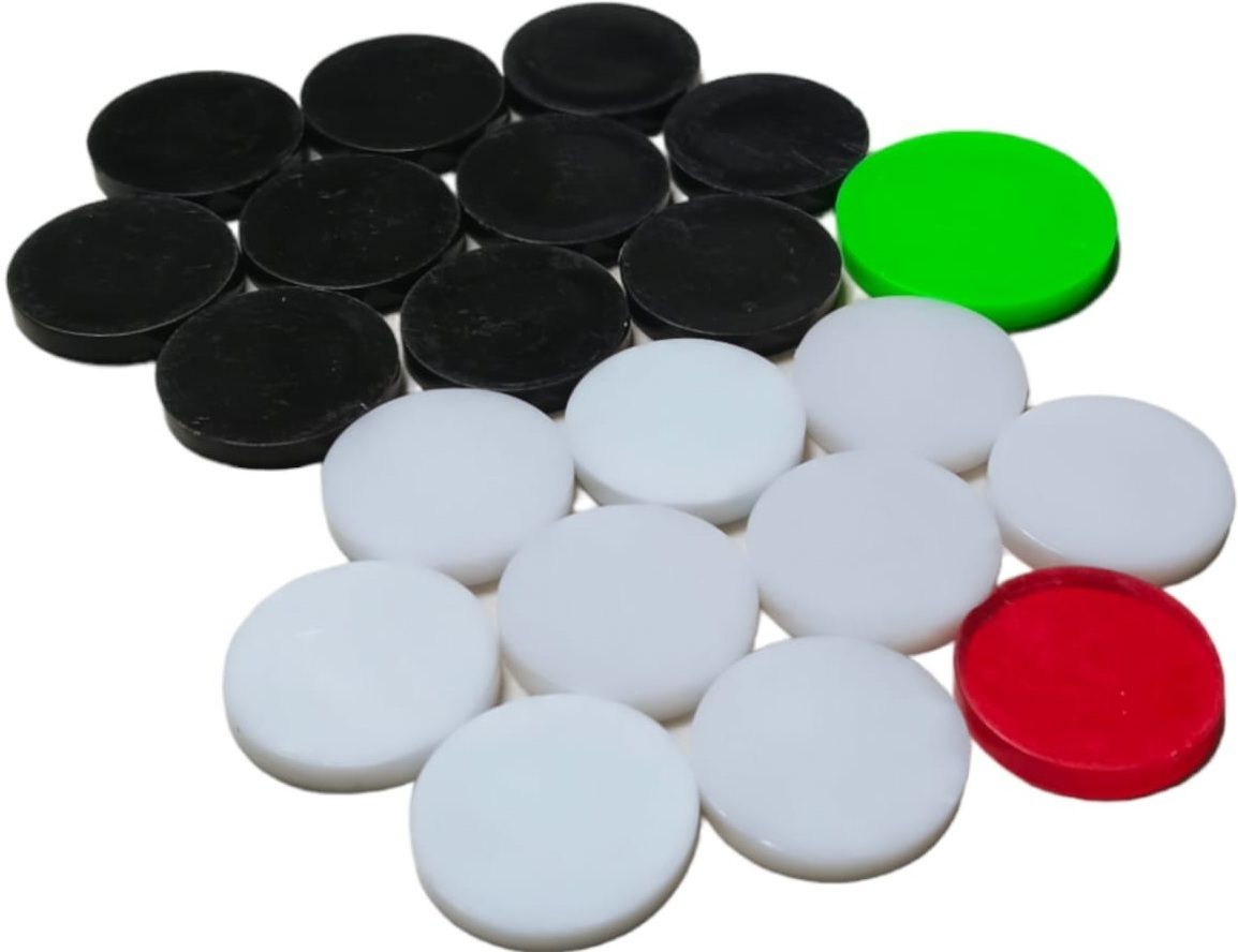 perico ACRYLIC CARROM COINS 10BLACK,9 WHITE,1RED WITH GREEN STRICKER Carrom Pawns-picture-17