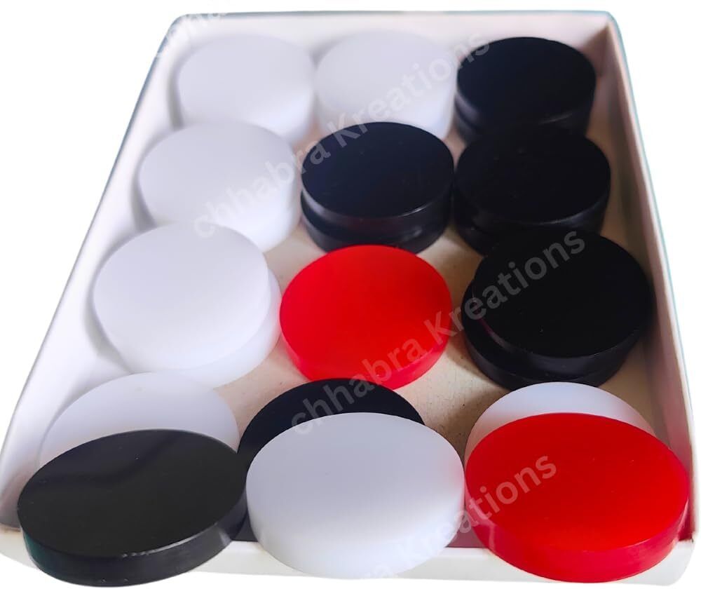 Acrylic Plastic Carrom Coins, Set of 24. 11 White 11 Black 2 Red Carrom Pawns