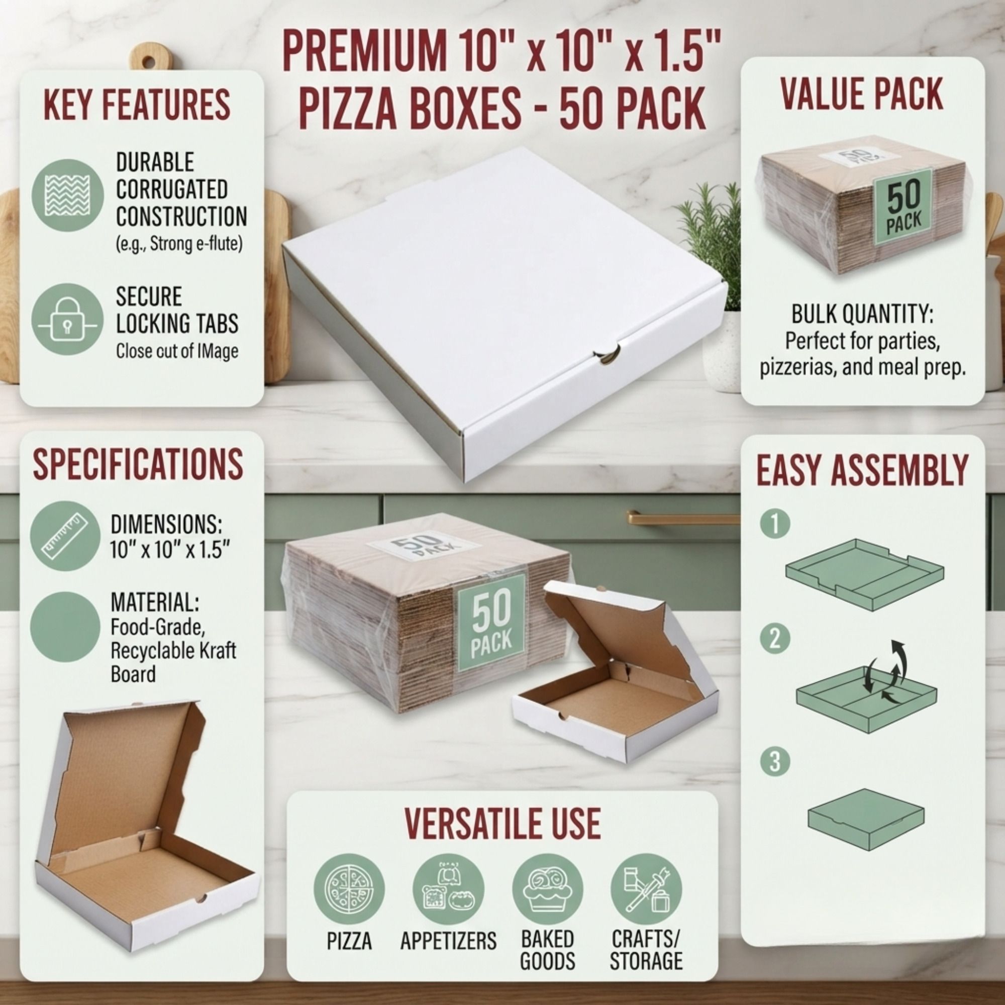 sanduuq Pizza Box Cardboard 10 X 10 X 1.5 INCH WHITE PIZZA PACKING BOX PREMIUM PIZZA BOX Packaging Box-picture-18