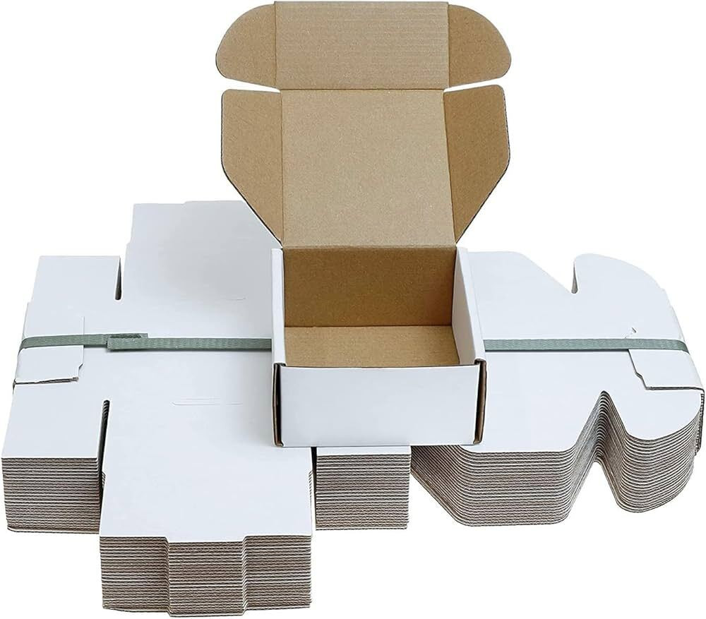 agwan Self-Locking Box Craft Paper Corrugated White Cardboard Boxes – 4x4x1.5 Flat Design for Small Item Shipping Packaging Box image 1