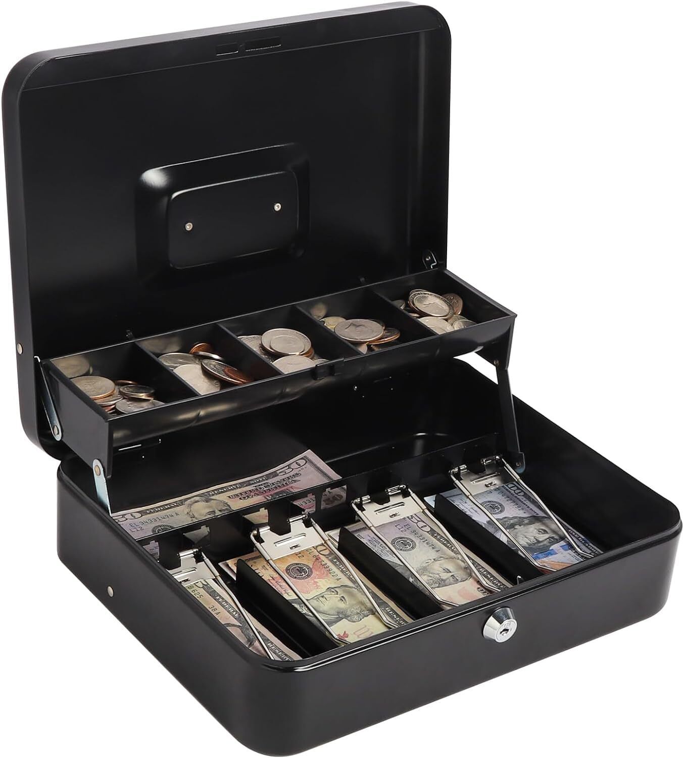 steel cash box with safe key lock | tiered money coin tray and bill slots cash box