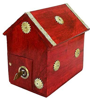 Handcrafted Wooden red HUT Shape Black Stripped Money Bank Safe Kids Cash Box-image-28