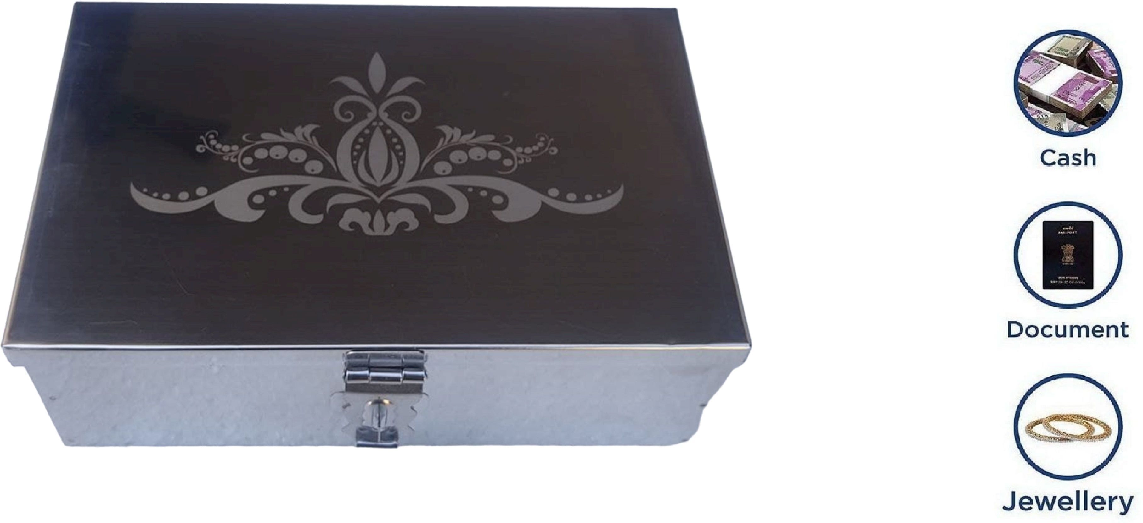Stainless Steel Cash Box With Laser Print Design (8 inch ''W-8", H-2.50", L-5") Cash Box-image-14