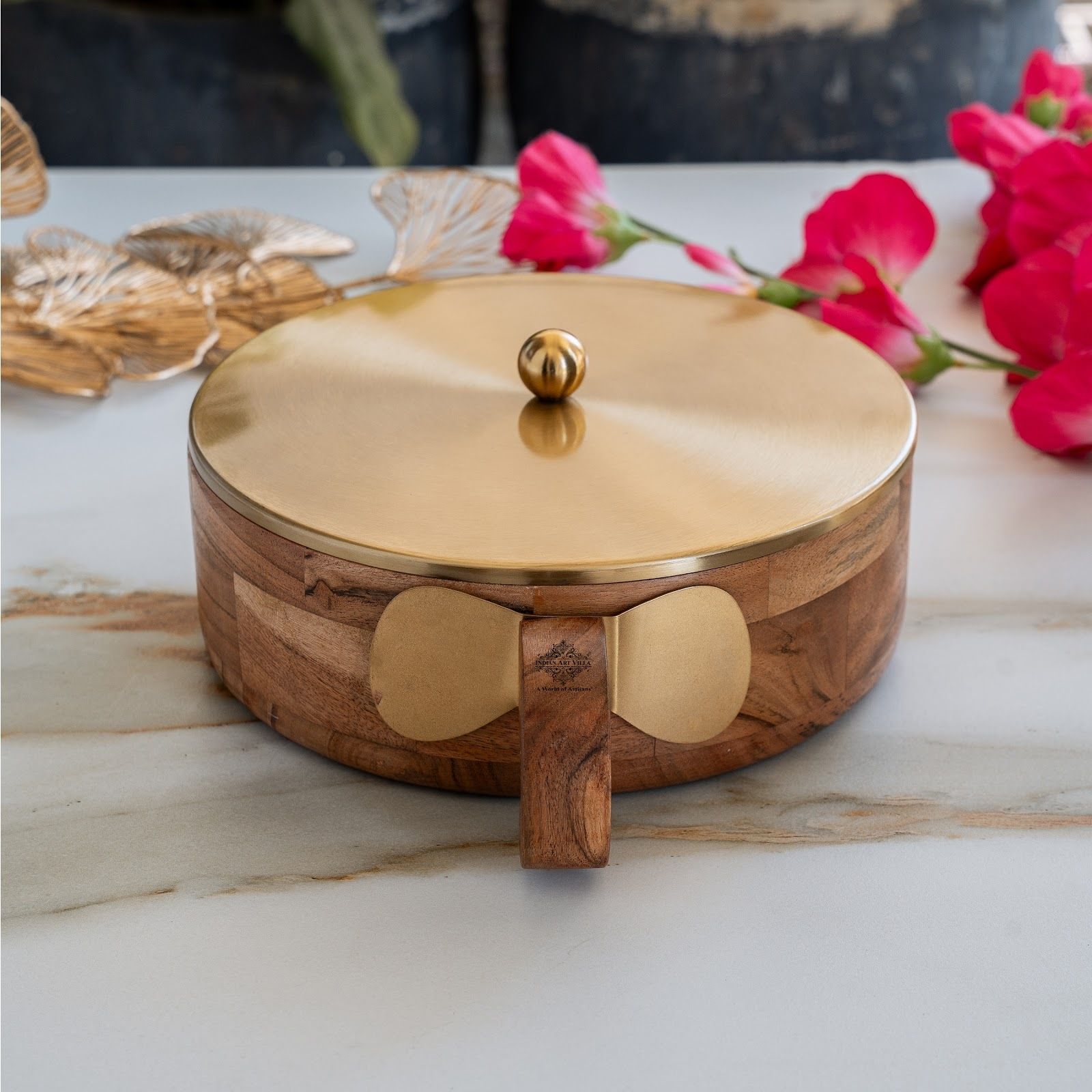 indianartvilla Stainless Steel Masala Box With Brass Finish Lid with Outer Wooden Box Serve Casserole-picture-2