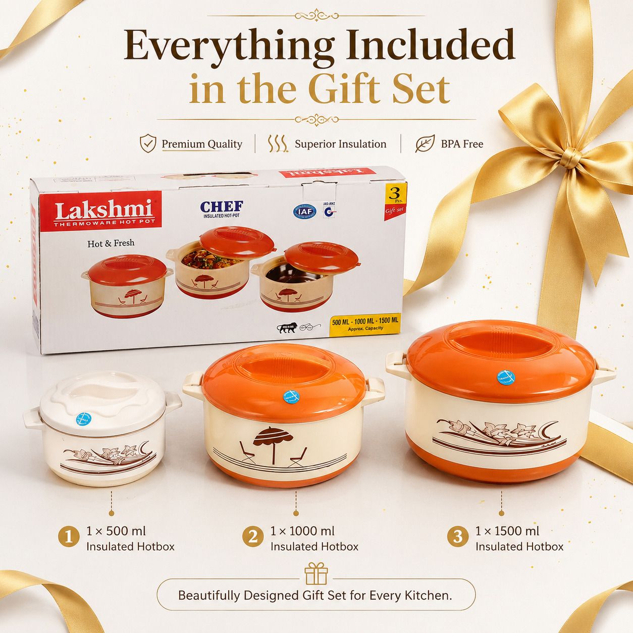 Lakshmi Plastic Insulated Hotbox Gift Set 3 Pcs 500ml+1000ml+1500ml Pack of 3 Serve Casserole Set-image-14