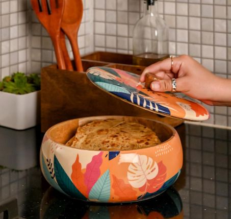 unique arts shoppee Wooden Blossom Roti Box Chapati Box for Kitchen, Hot Pot Casserole for Roti Serve Casserole-picture-42