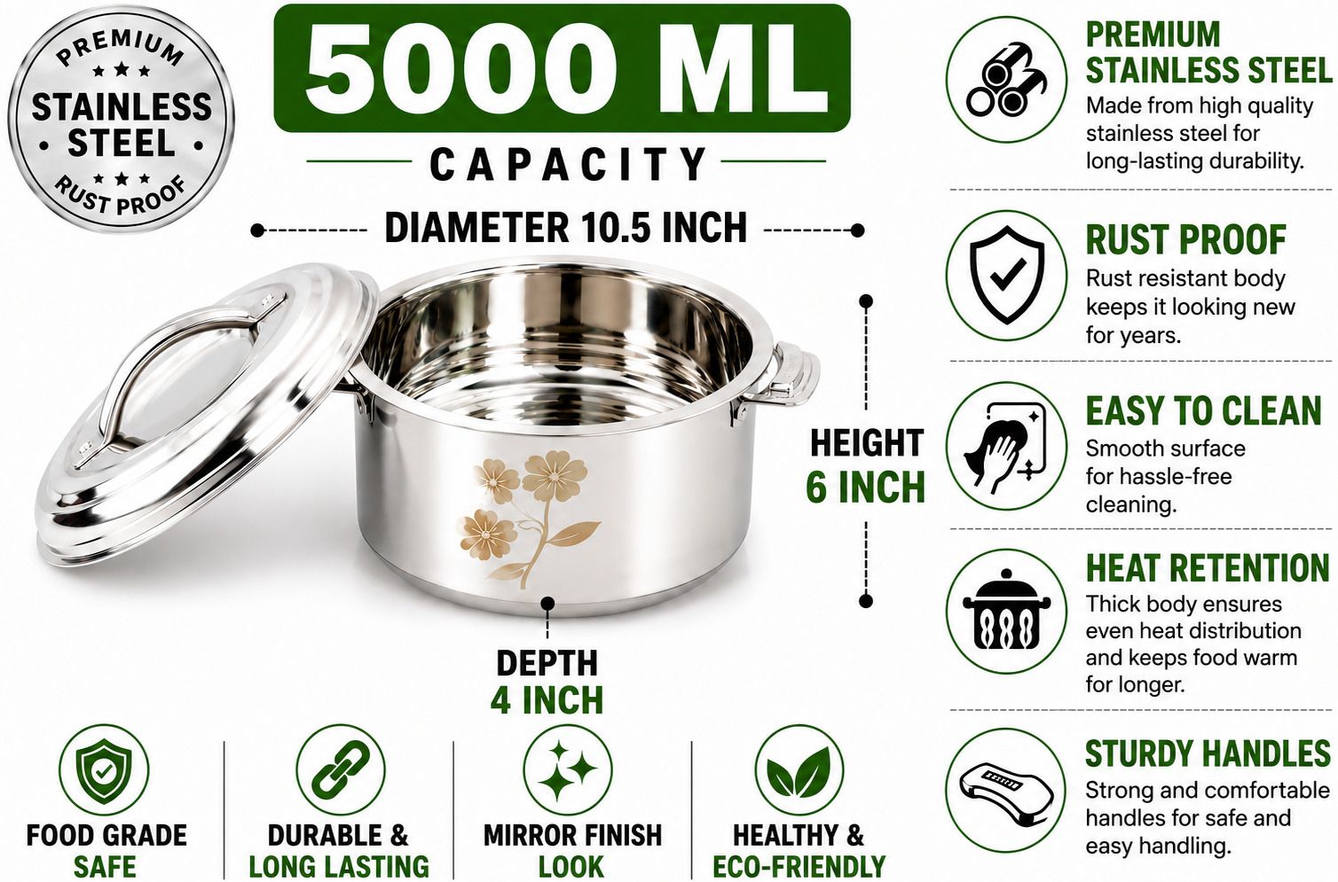 Stainless Steel Hot Pot 5000 ML | 5 Litre Insulated Casserole | Mirror Finish Serve Casserole-image-44
