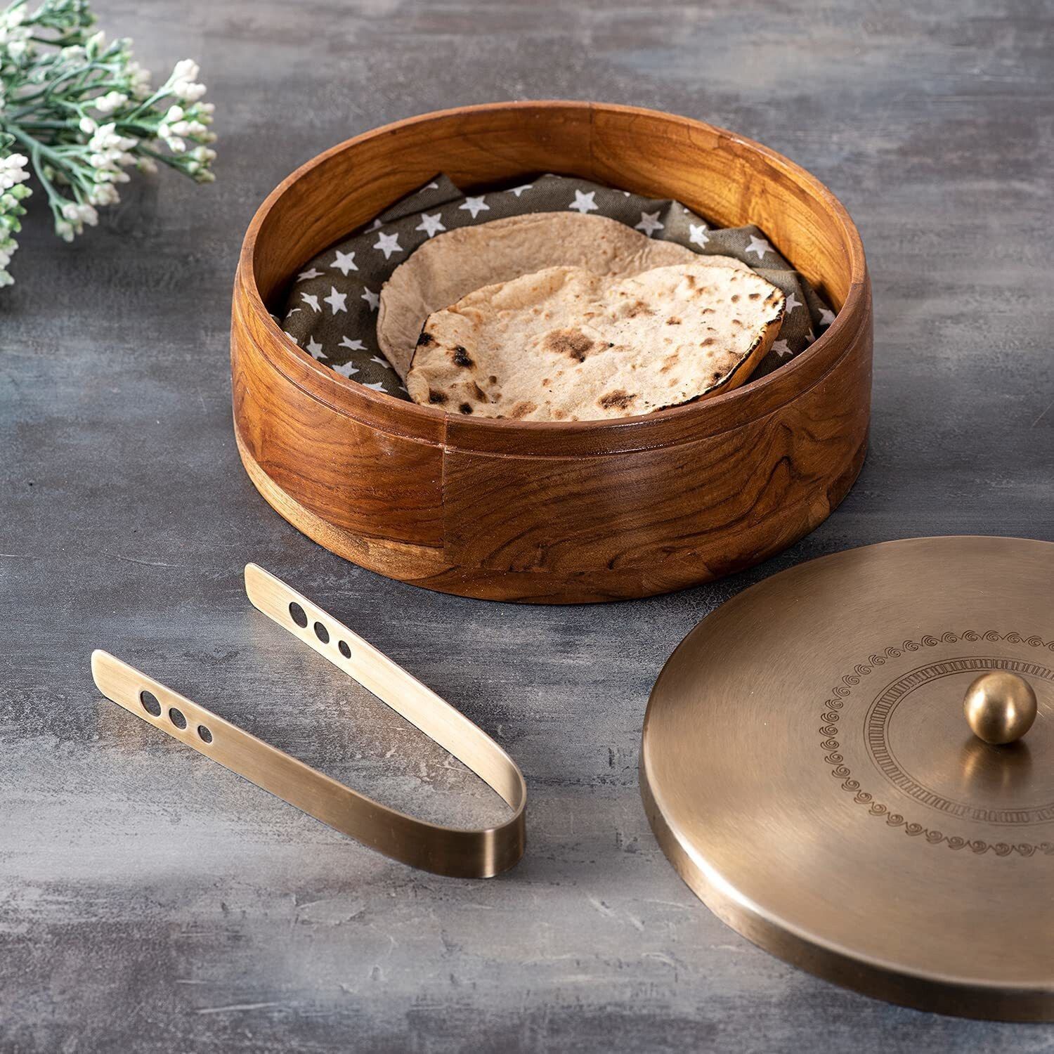 nestroots Wooden Chapati Box Roti Casserole with Tong for Dining Table Serve Casserole-picture-16