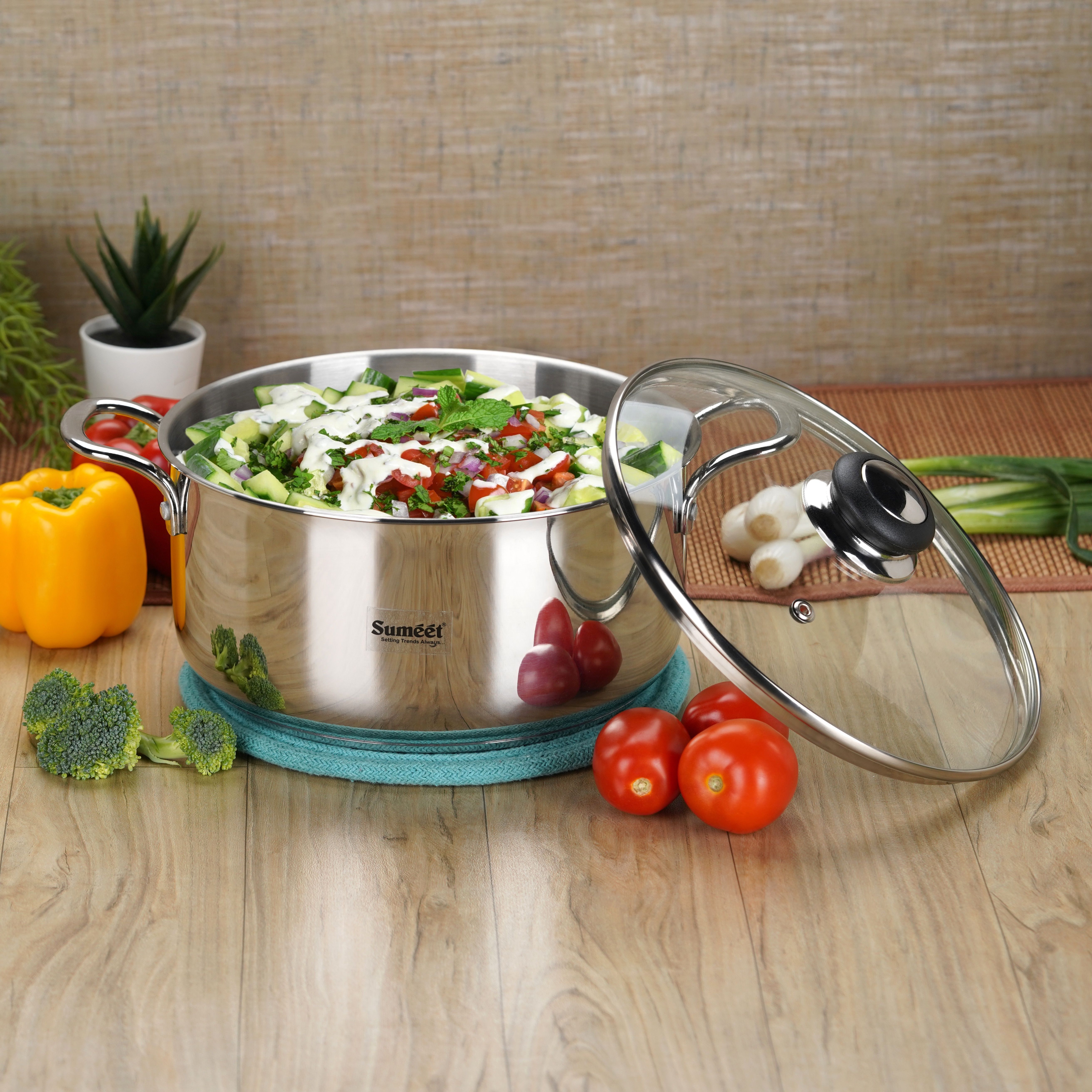 Stainless Steel InductionBottom Casserole with Glass Lid 3.2LTR, 21cm Dia,Silver Pack of 2 Serve Casserole-image-49