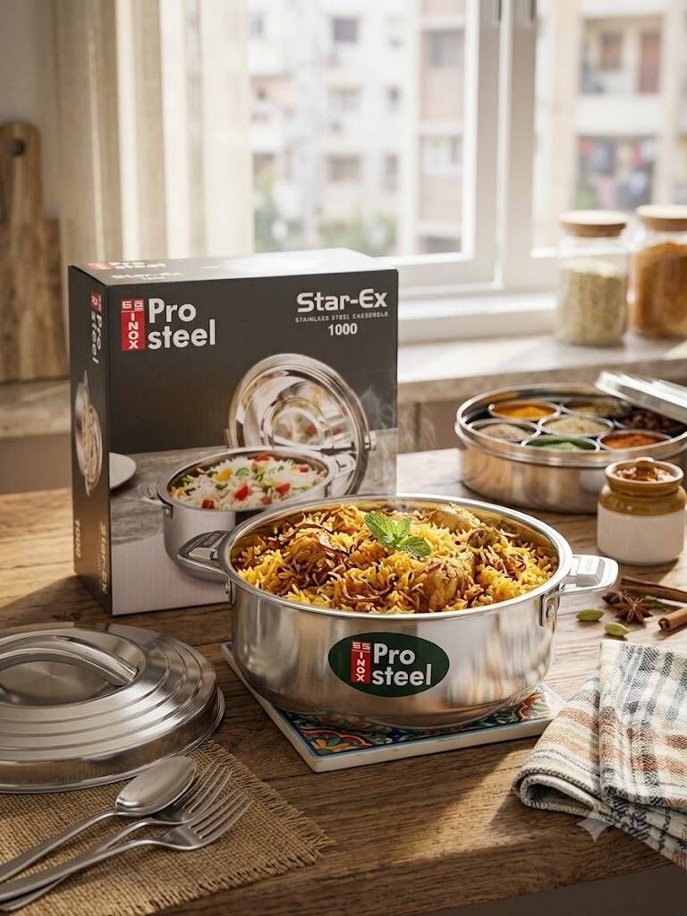 Pro Steel 1000ml Stainless Steel Casserole for Roti Rice Curry with Lid Thermoware Casserole-image-45