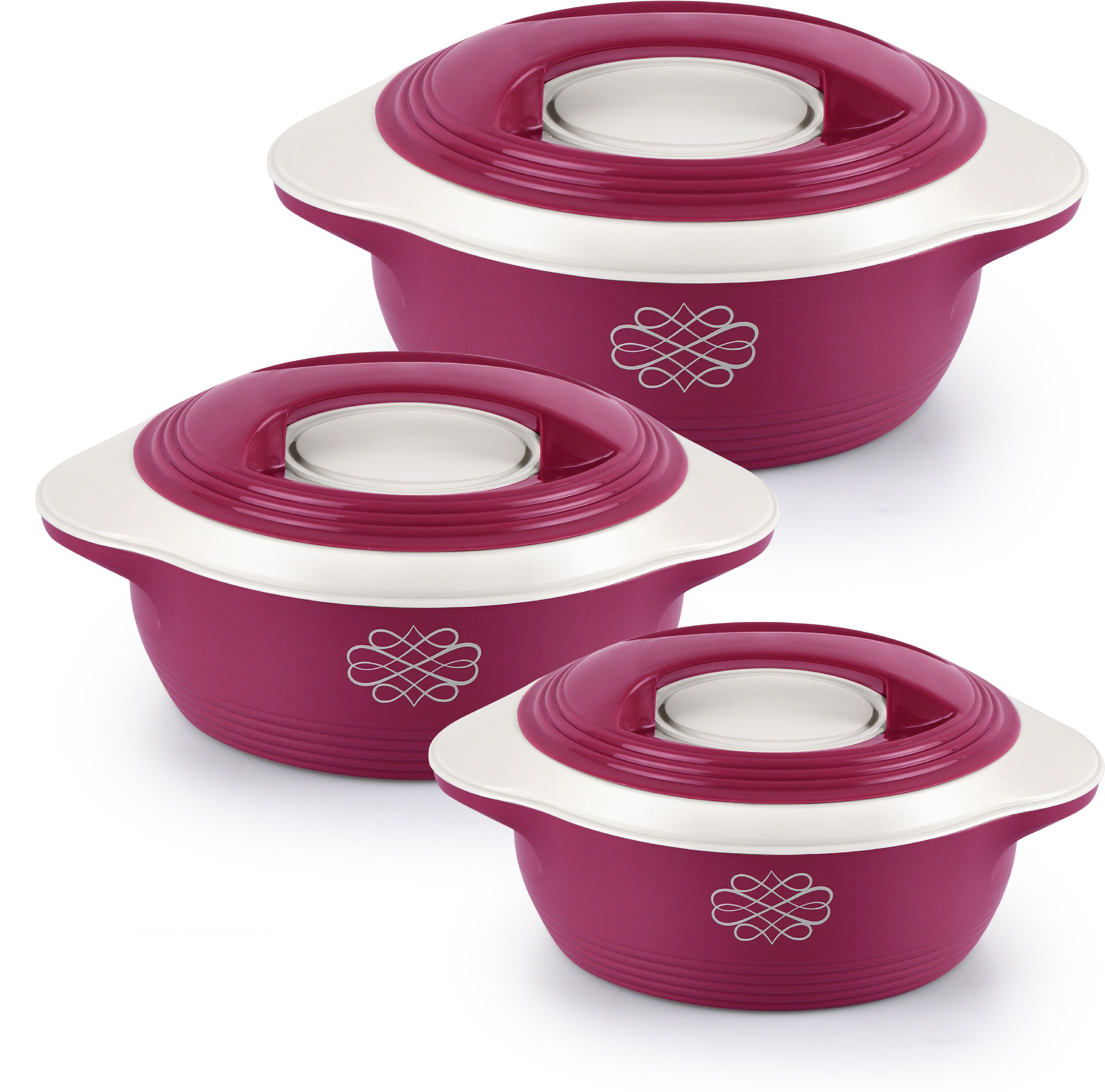 Ripple Inner Stainless Steel Hot Pot | Firm Twist Lock & Handles |Set of 3, Pink Thermoware Casserole Set