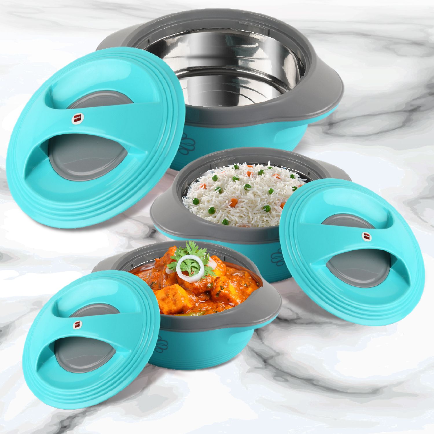 Ripple Double Walled Insulation Casserole | Firm Twist Lock and Handles |Green Pack of 3 Thermoware Casserole