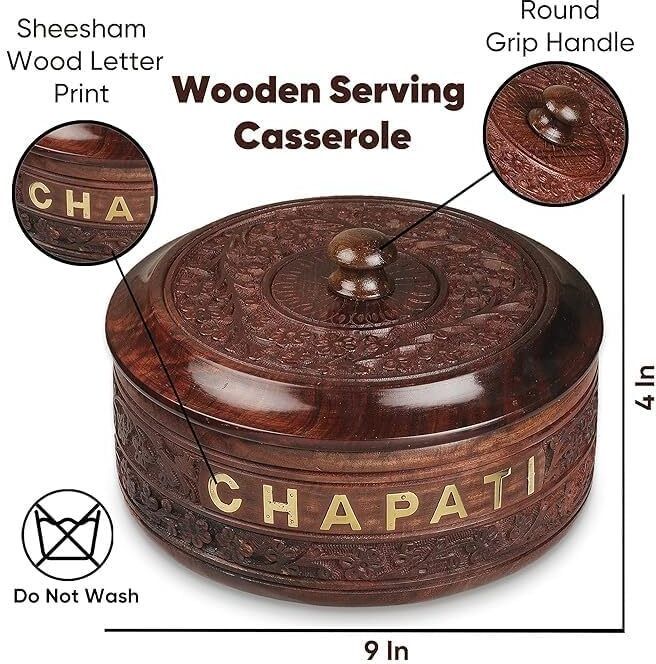 Wooden Casserole Chapati Roti Box Serving Hot Pot with Lid | Round Shape 9 Inch Serve Casserole-image-27