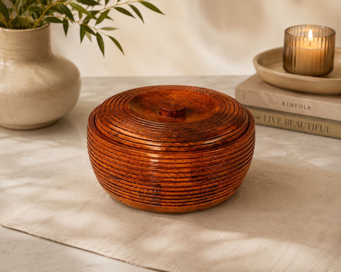 Round Ribbed Wooden Roti Box Serve Casserole-image-28