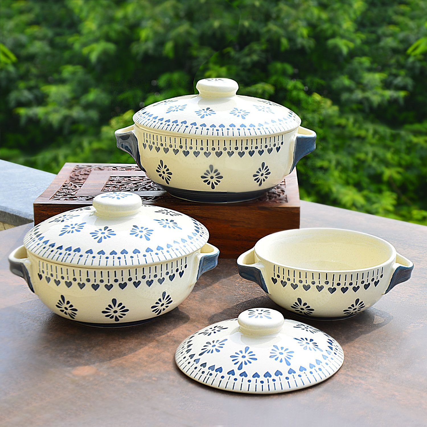 Hand Painted Large Ceramic Serving Donga Set with Lid and Handle | Pack of 3 Serve Casserole Set-image-36