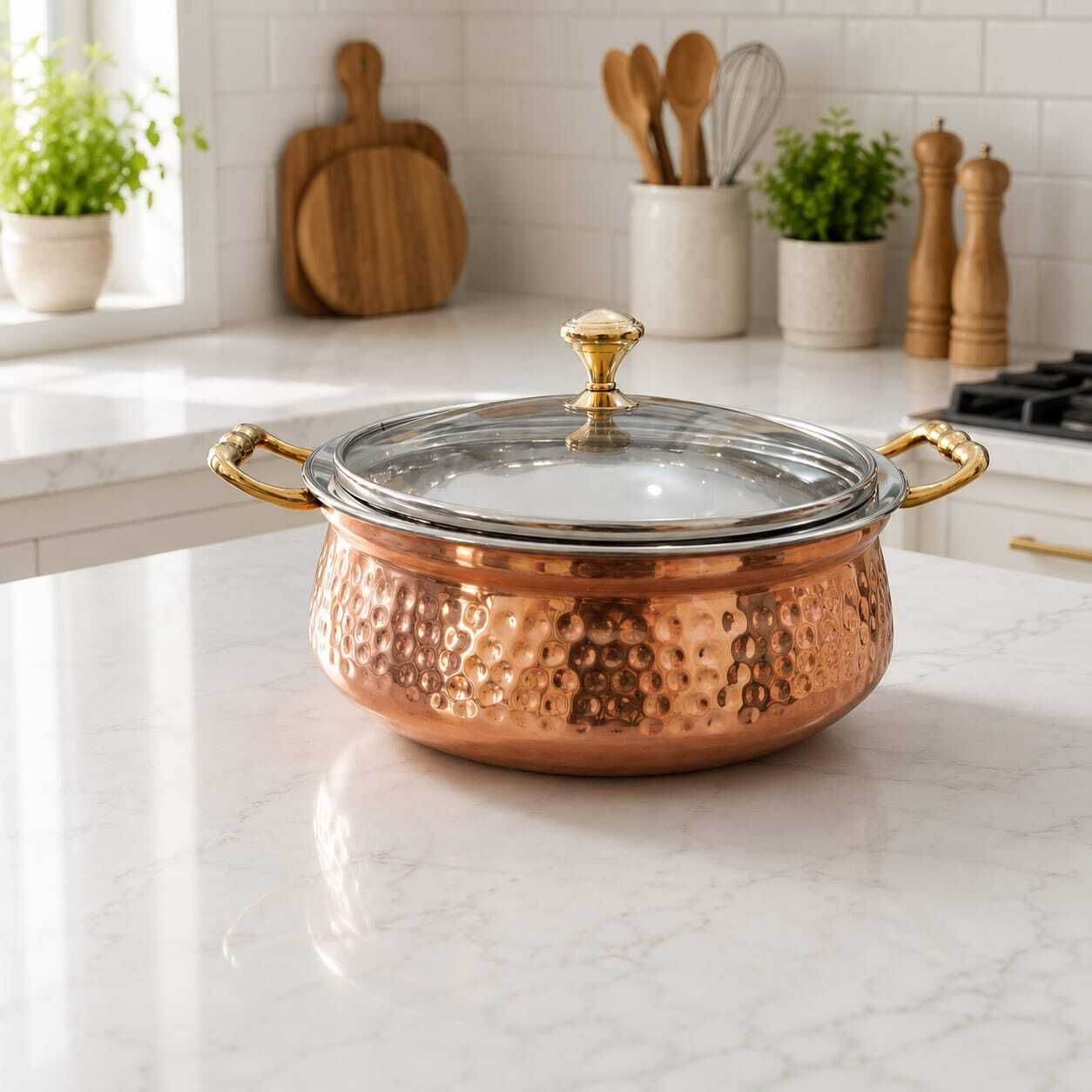 anyra's trove Hammered Copper Steel Serving Handi|Casserole with Glass Lid and Brass Knob Serve Casserole-picture-32