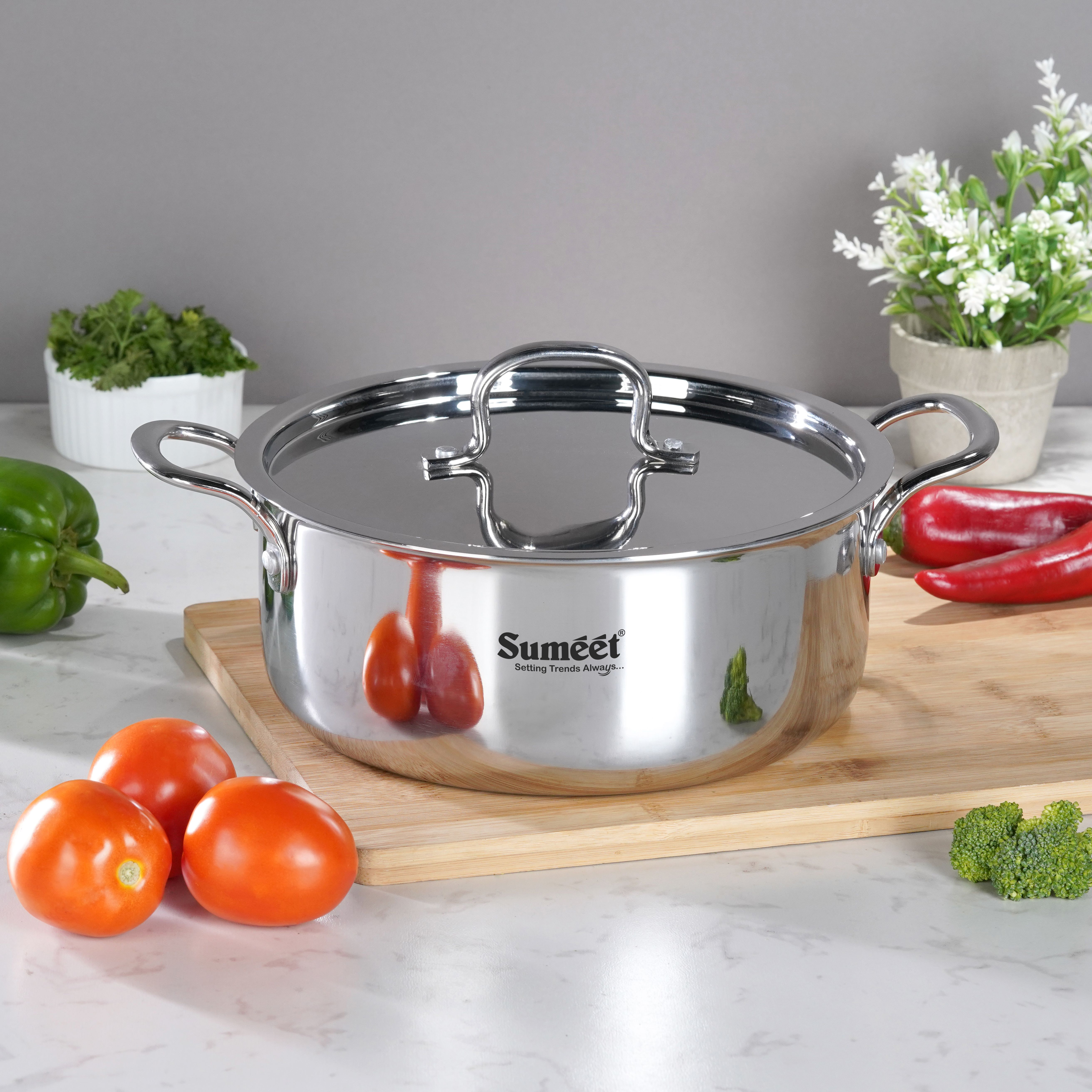 CookSmart TriPly Steel-Aluminum-Steel Casserole -24Cm,Silver Pack of 2 Cook and Serve Casserole-image-22