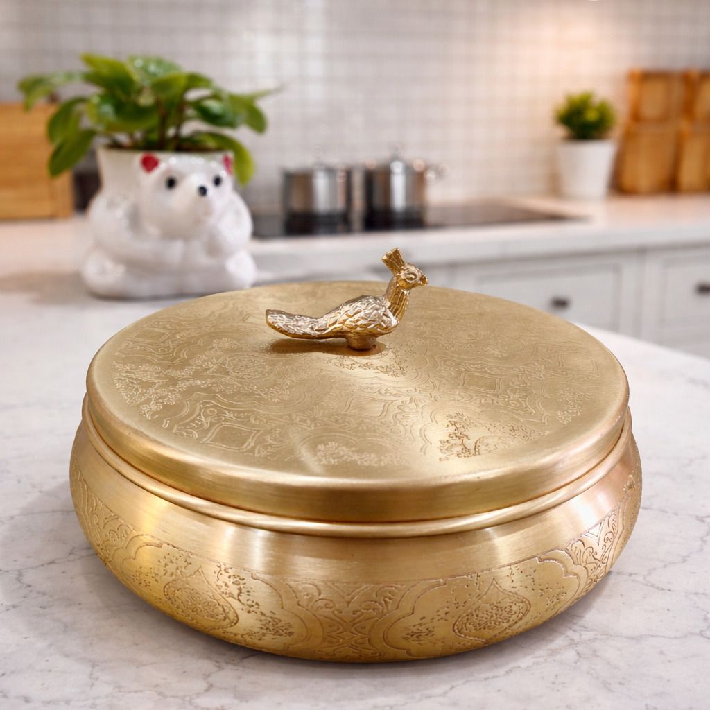 anyra's trove Brass Roti Box with Peacock Lid(1.5 L)Chapati Box|Serving Casserole for Kitchen Serve Casserole-picture-23