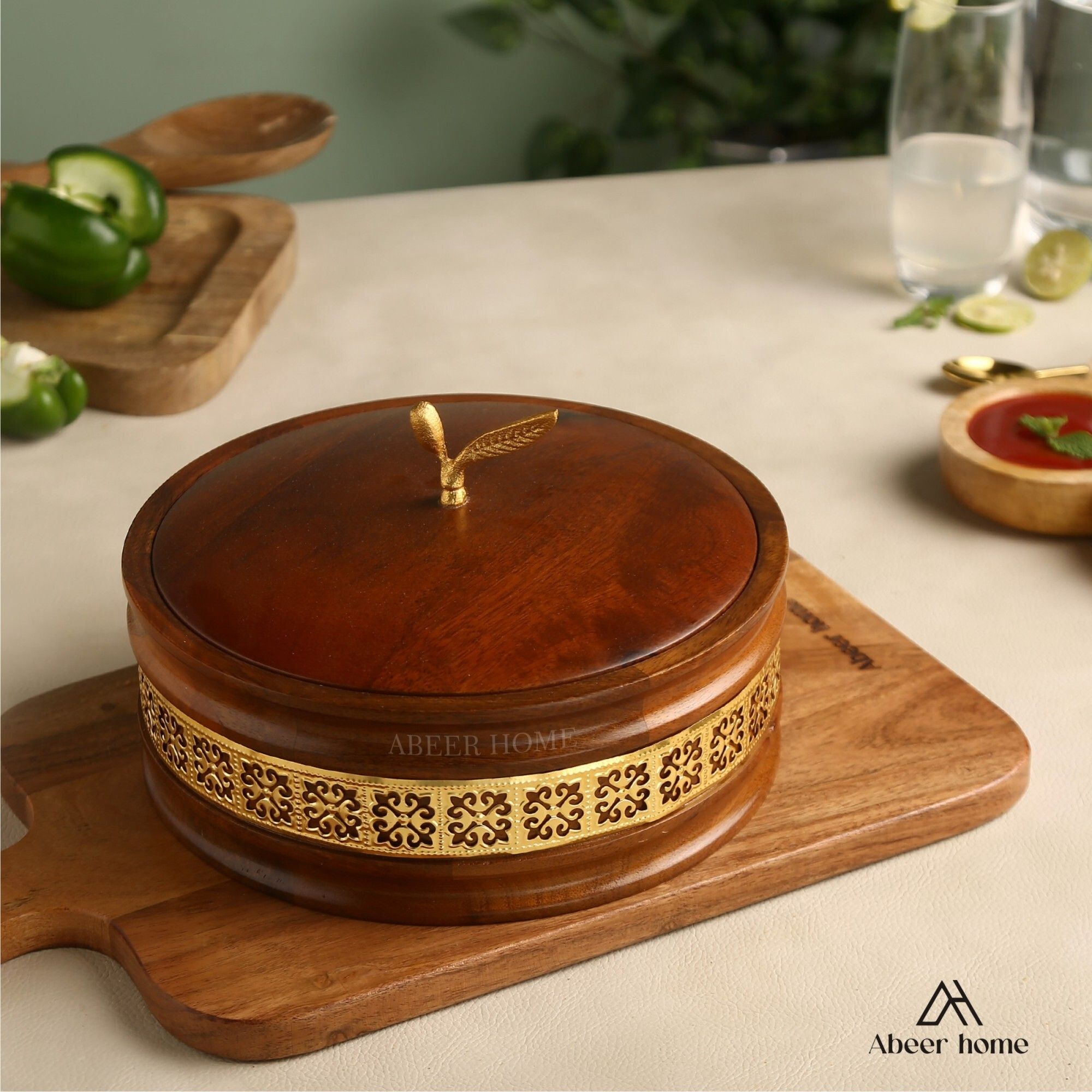 Handcrafted Premium Wooden Roti Casserole Hotpot roti Box with Gold Leaf Knob Serve Casserole-image-1
