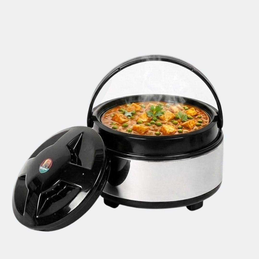 Stainless Steel Casserole Hot Case with Lid, (1200 ml, Black and Silver) Thermoware Casserole-image-23