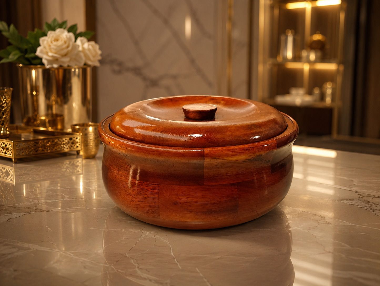 Round Wooden Roti Box with Lid Serve Casserole-image-20