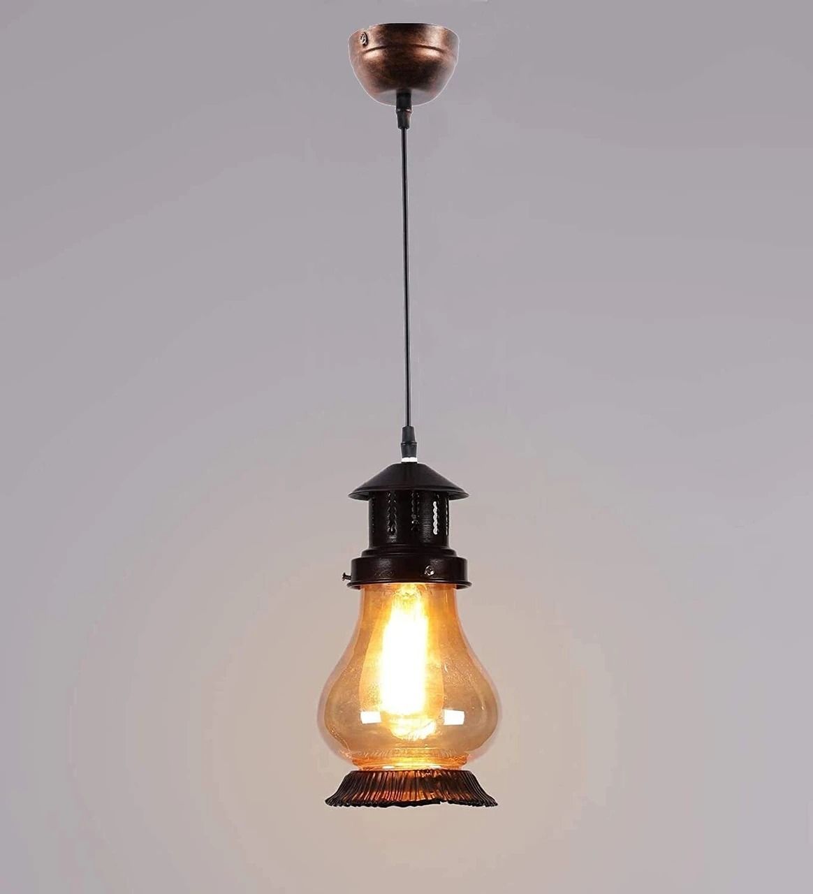 Vintage Lantern Glass Pendant Hanging Light – Antique Bronze Finish (E27 Holder) Ceiling Light Ceiling Lamp-image-1