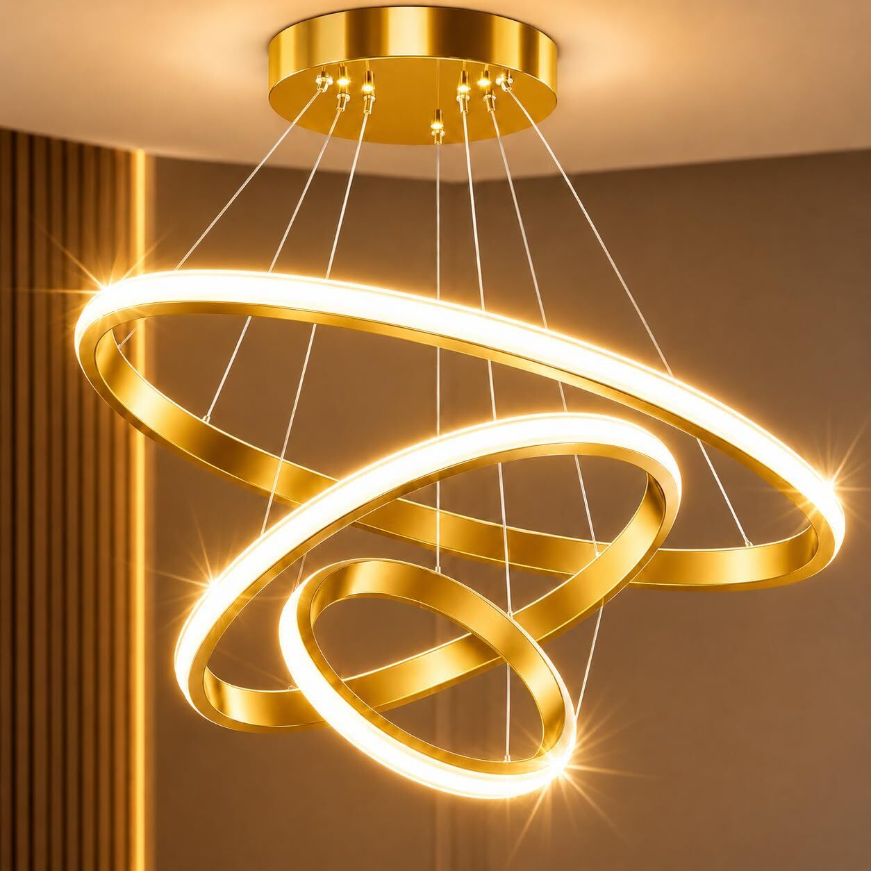 pralinz Modern 3 Ring LED Pendant Chandelier, Premium Golden Finish, 3 Color Changing Chandelier Ceiling Lamp-picture-2