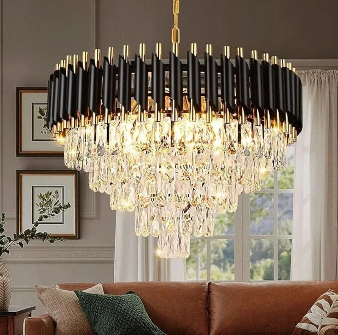 Luxurious 500mm crystal black gold polish metal hanging pandent jhumar Chandelier Ceiling Lamp-image-42