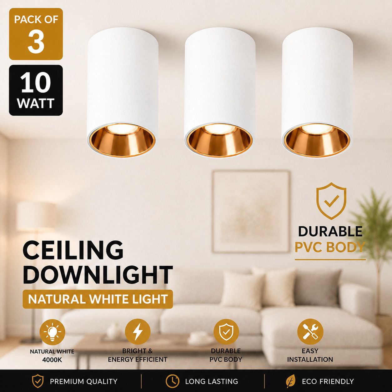 10W Rose Gold LED Surface Drum/Cylinder Wall-Ceiling Light, Natural White, 3 Downlighter Ceiling Light Ceiling Lamp-image-40