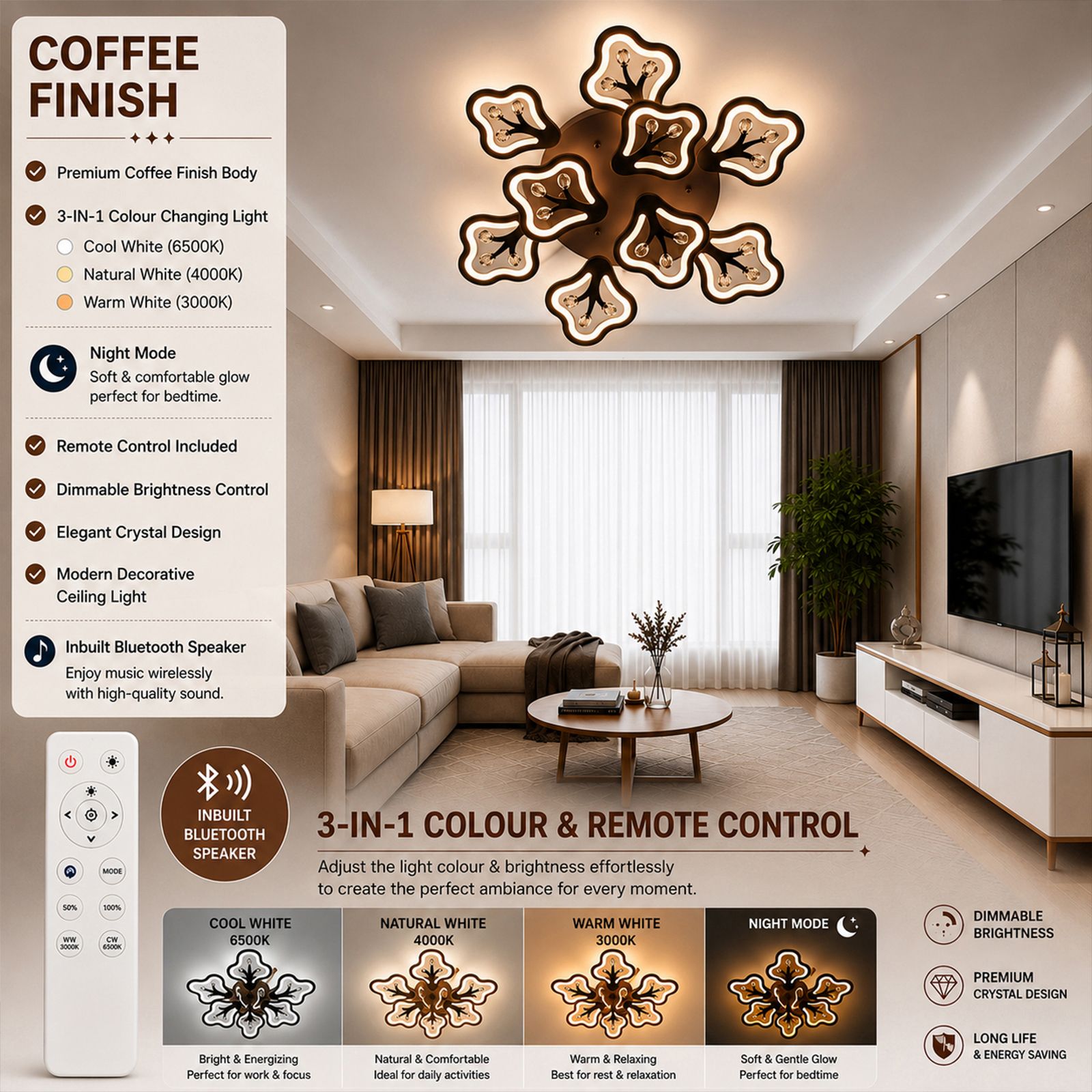 vibunt 3in1 color changing 6+3 coffee inbuit speaker with reomte control Chandelier Ceiling Lamp-image-9