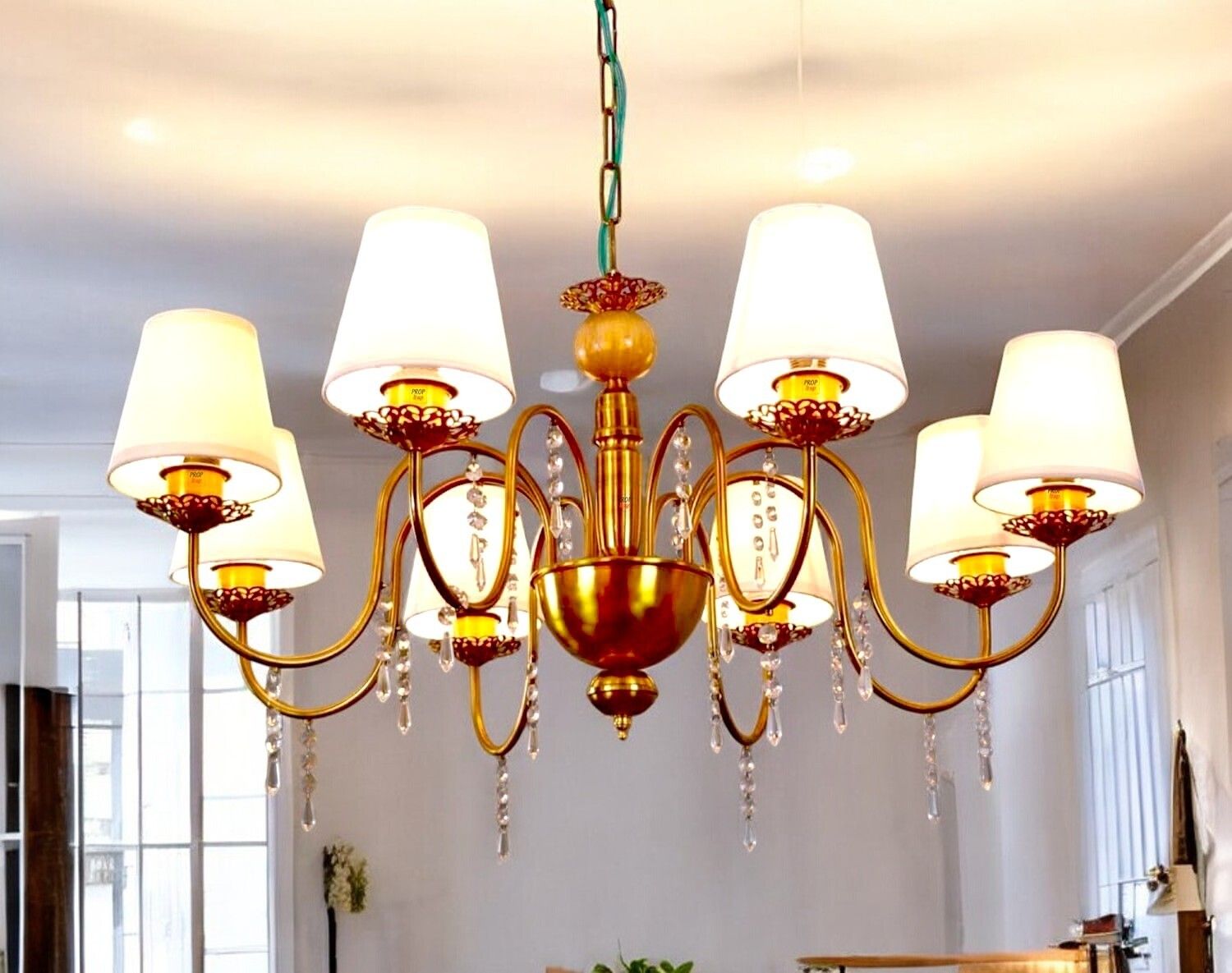 8 Light British Style Gold Antik Finish with Fabric Shade Pendant Hanging Light Chandelier Ceiling Lamp-image-28