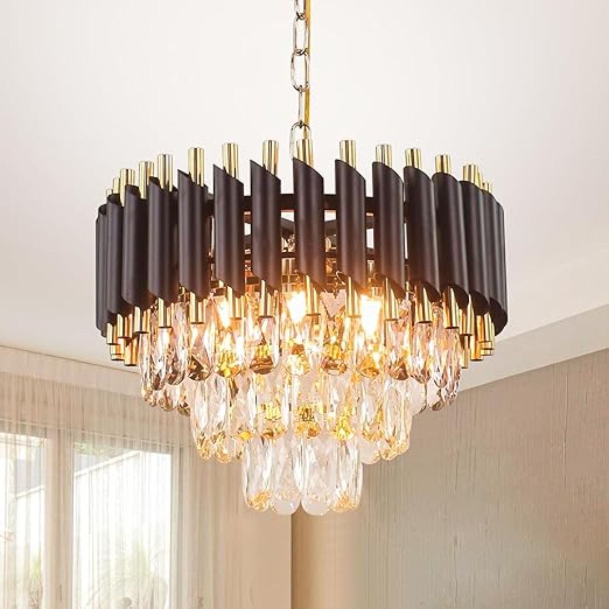 lk store Luxury 3 Tiers Crystal Chandelier 300mm Gold Finish with LED Light Black Gold Chandelier Ceiling Lamp-picture-36