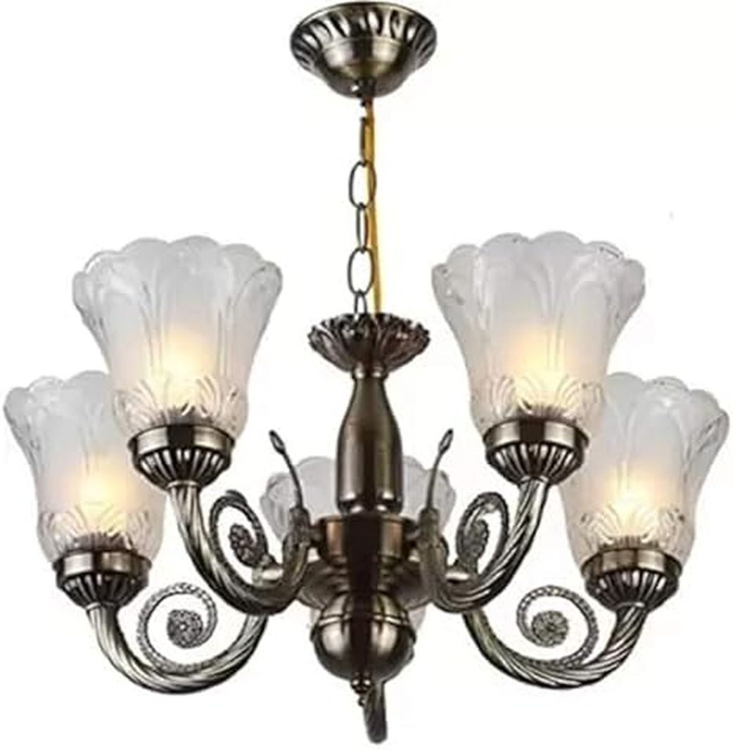 5 Light Brown Plated Brass and Glass Antique Jhoomar Light Without Bulb Chandelier Ceiling Lamp