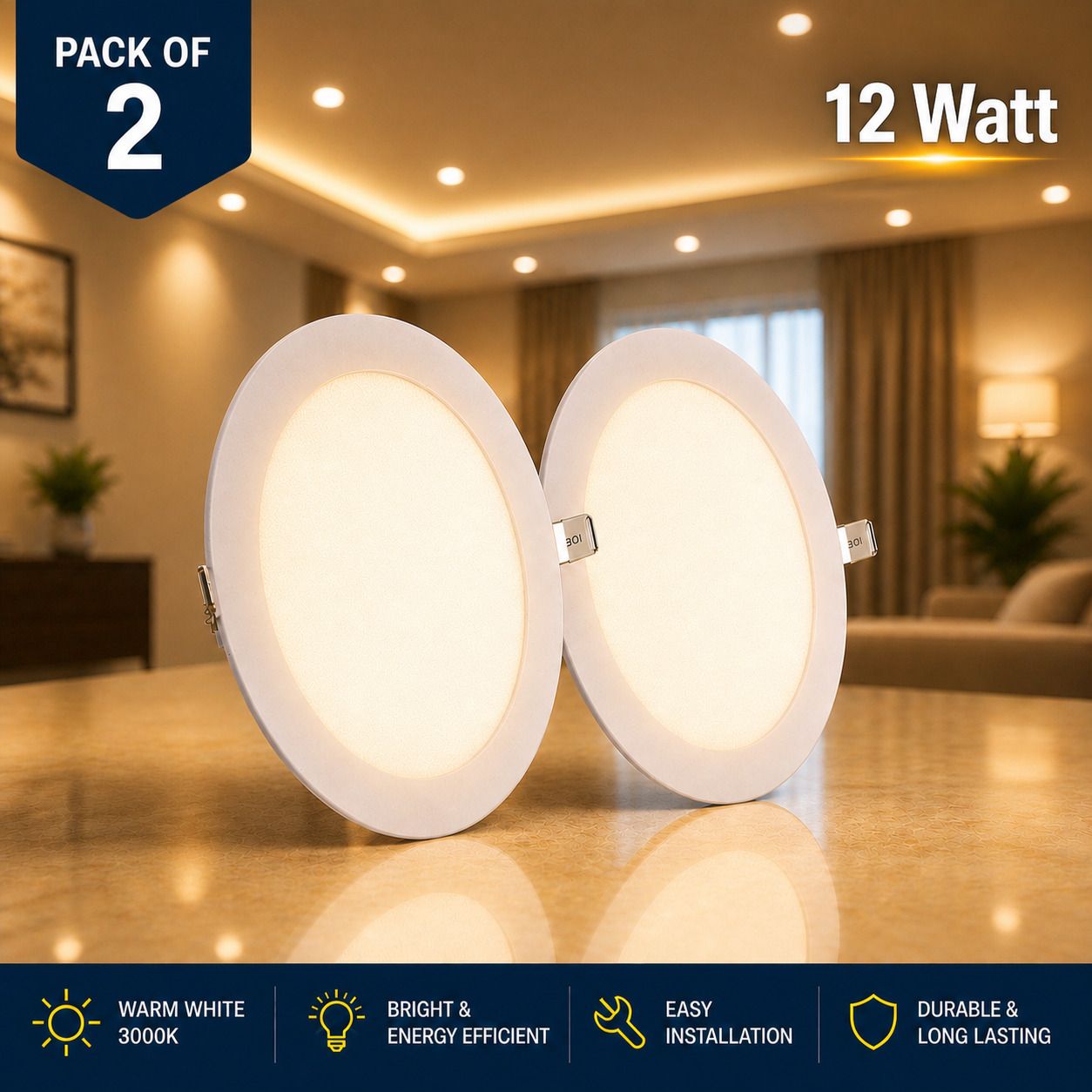 hybrix LED Ultra Slim Ceiling Panel Light (12W) Down Light, Warm White Light Color, 2 Recessed Ceiling Light Ceiling Lamp-picture-12
