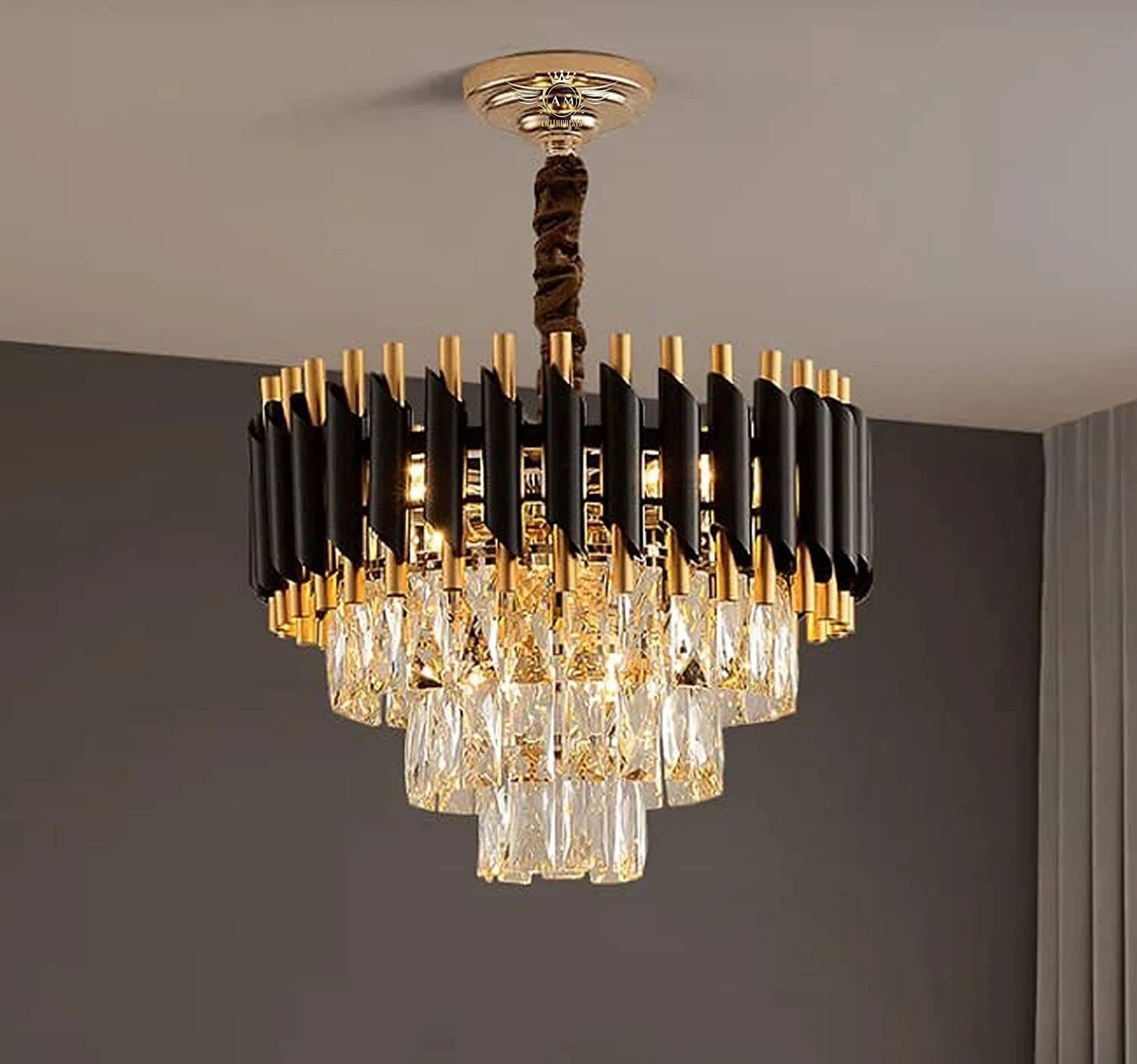 lk store Luxury 3 Tiers Crystal Chandelier 400mm Gold Finish with LED Light Black Gold Chandelier Ceiling Lamp-picture-40