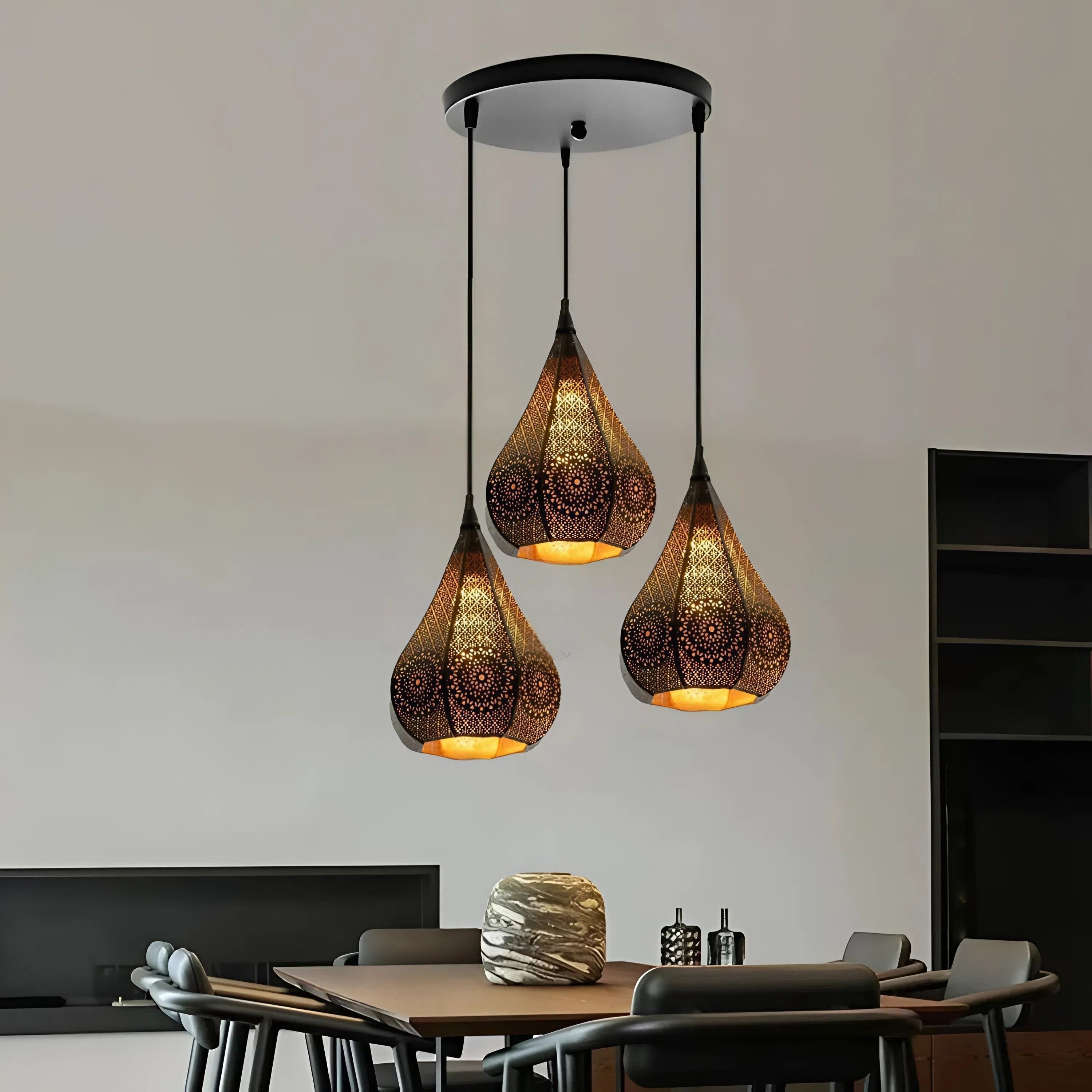 GLOMZY Black Metal Laser Cutting 3Hanging Light, Without bulbs (Round)(Set of 1) Ceiling Light Ceiling Lamp-picture-31