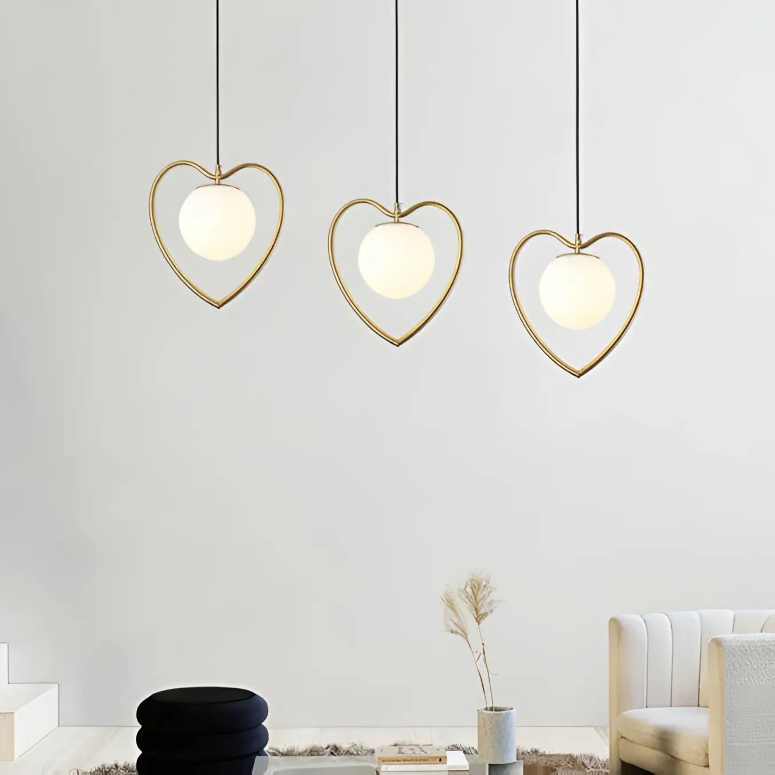 GLOMZY Metal Heart Shaped Ceiling Lamp With Doom, Gold, With Bulbs (Set of 3) Ceiling Light Ceiling Lamp-picture-3