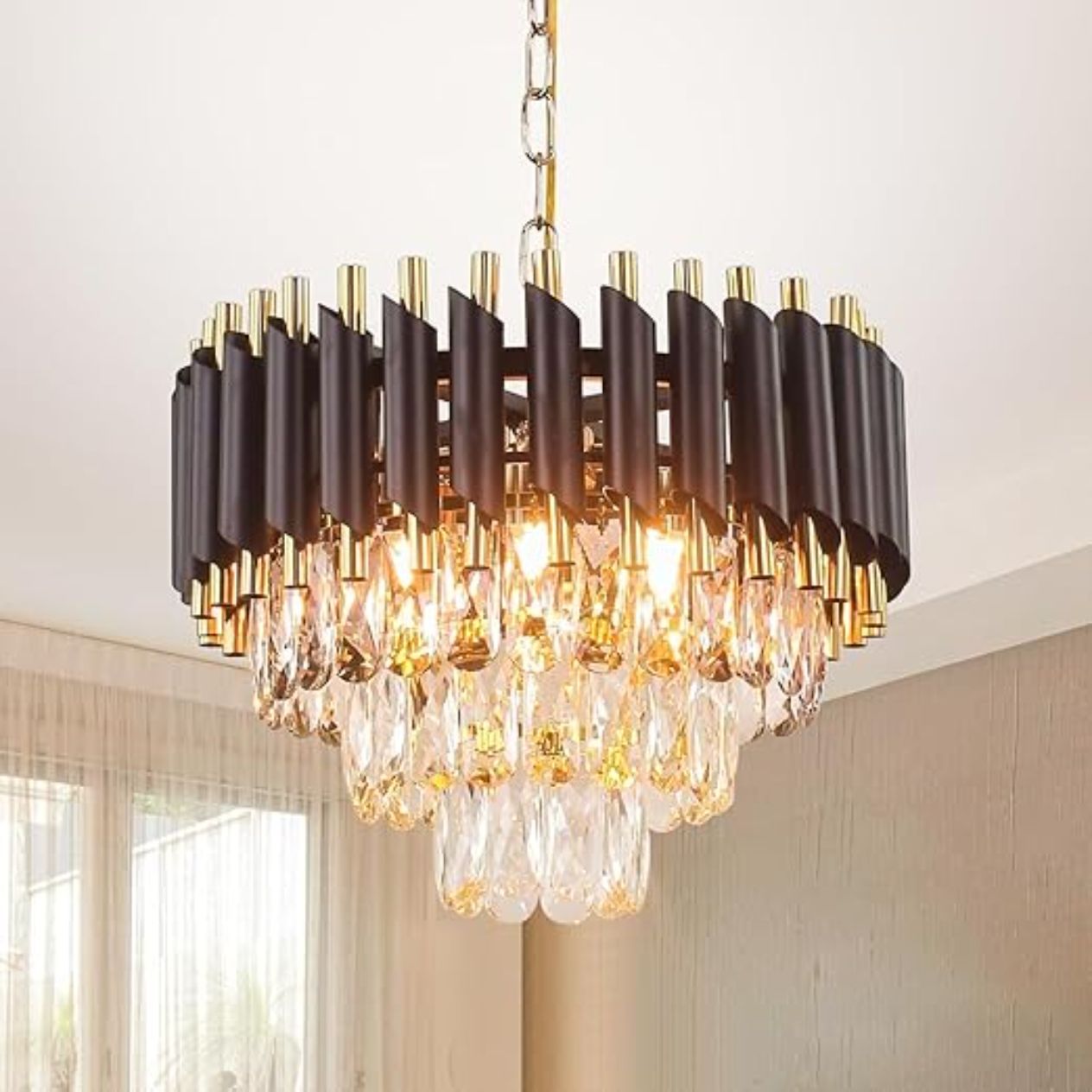 Luxury 3-Tiers Crystal Chandelier 300mm Gold Finish with LED Light Black-Gold Chandelier Ceiling Lamp-image-25