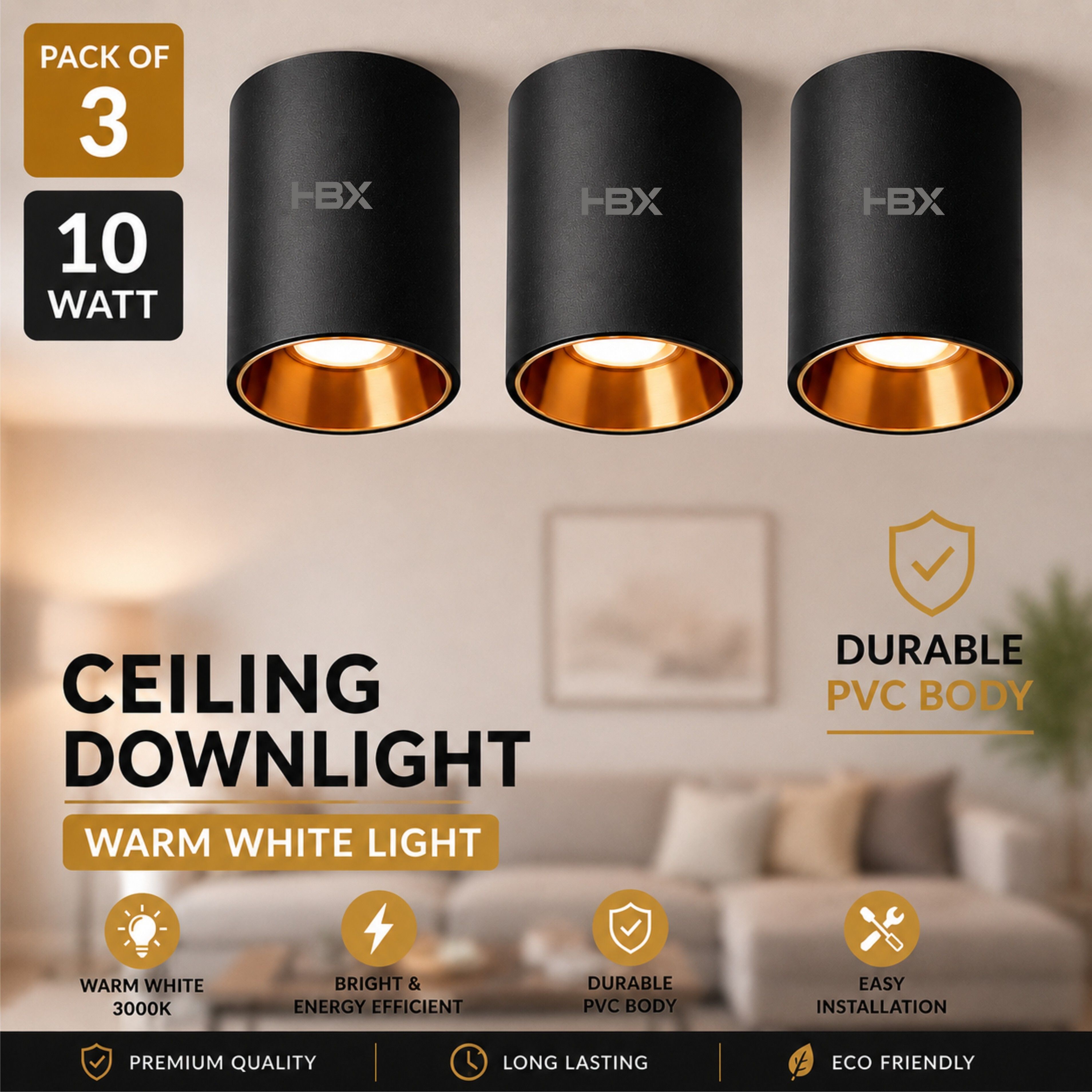 10W Rose Gold Surface Drum/Cylinder Wall-Ceiling Light, Black, Warm White, 3 Downlighter Ceiling Light Ceiling Lamp-image-29