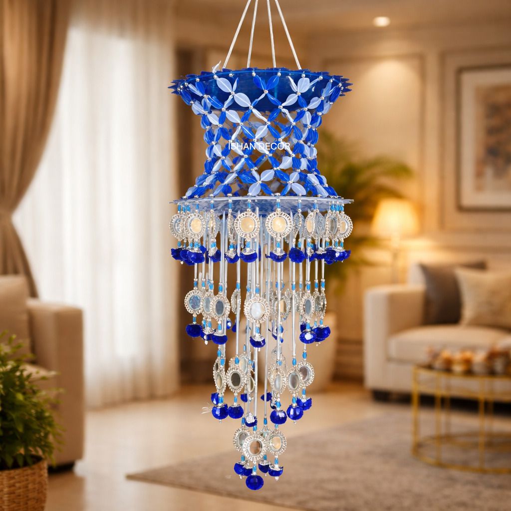 Ishan Decor Blue Handmade Beads Jhumar Wall Hanging Home Decor Chandelier Ceiling Lamp-image-37