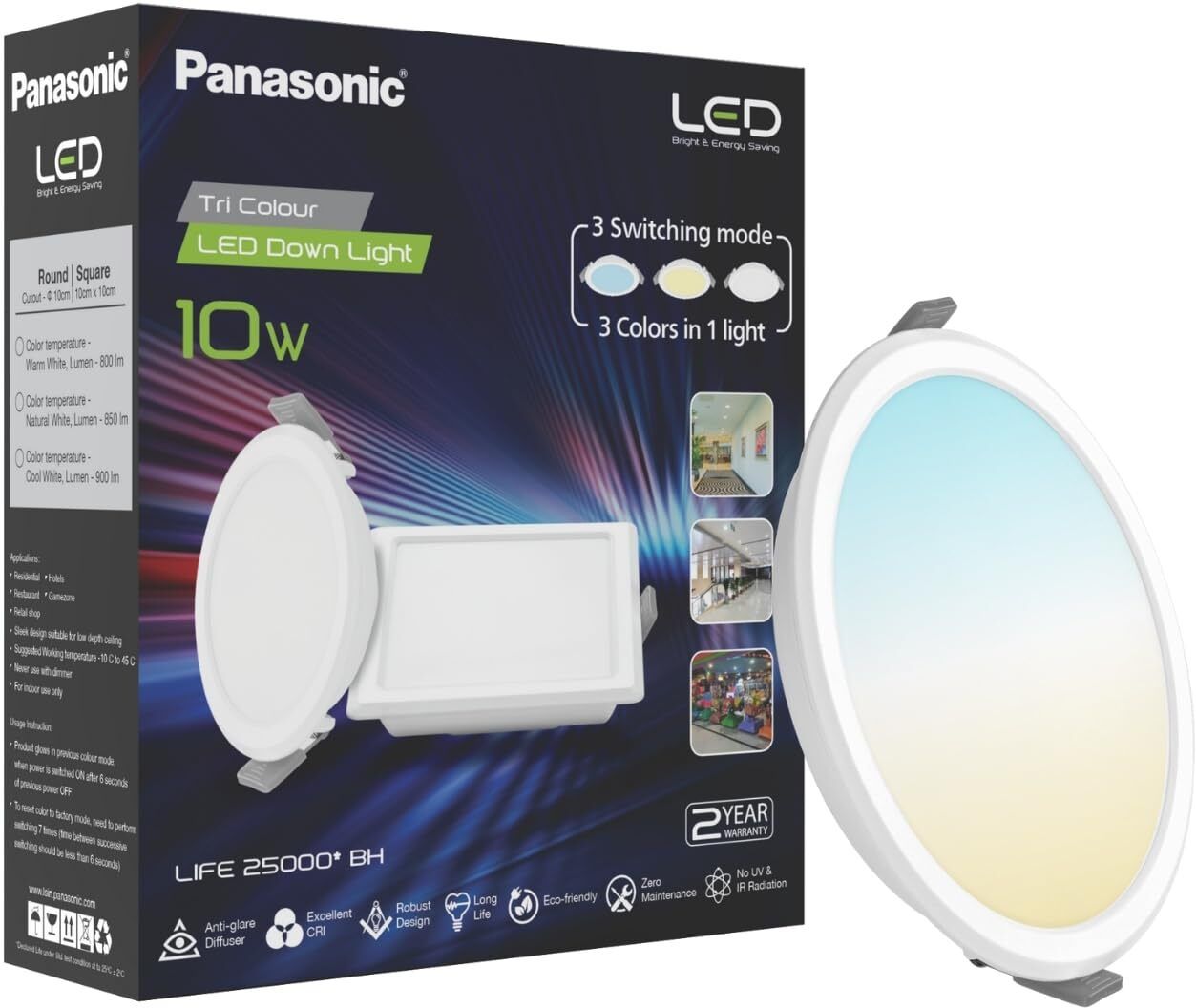panasonic 10W 3 in 1 Colour Downlight, Tri Color 100mm Cutout for Home Ceiling Light Ceiling Lamp-picture-41
