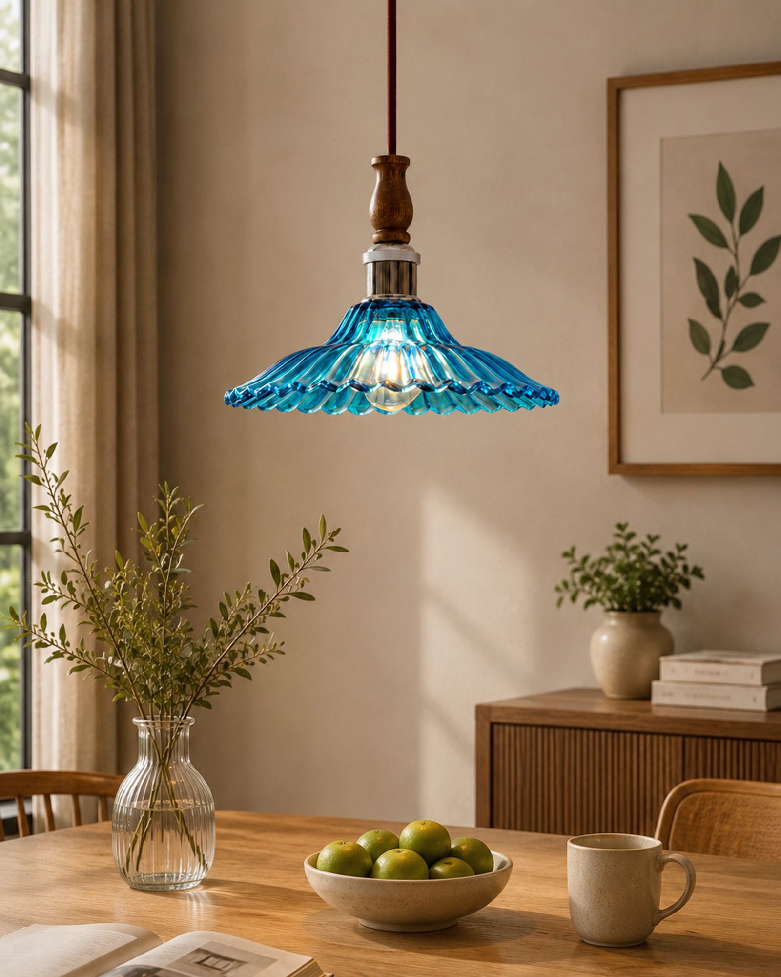 glowhere Vintage Blue Fluted Glass Hanging Lamp with Wooden Top & Nickel Holder Pendant Lamp Ceiling Lamp-picture-36