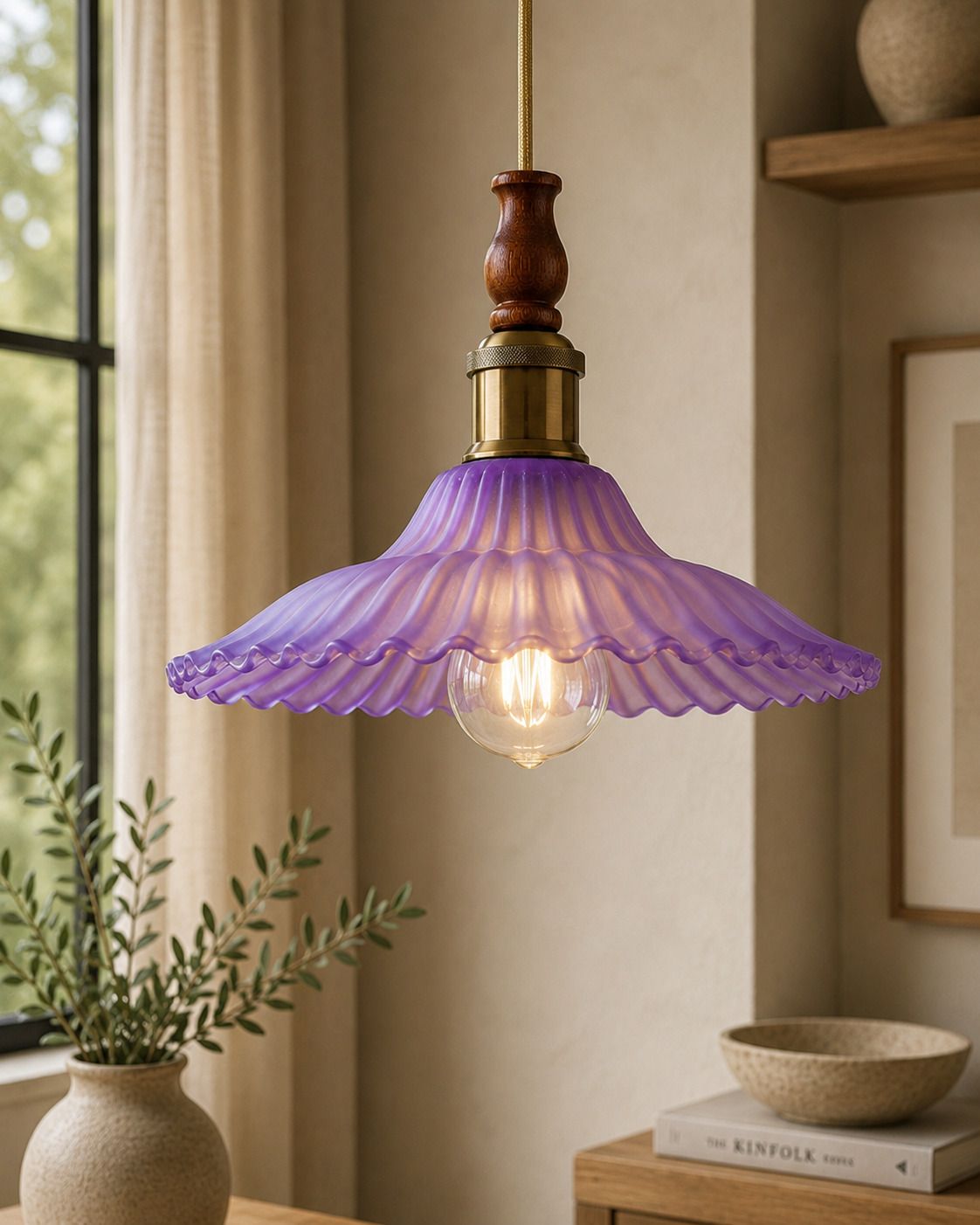 glowhere Vintage Violet Fluted Glass Hanging Lamp with Wooden Top & Nickel Holder Pendant Lamp Ceiling Lamp-picture-43