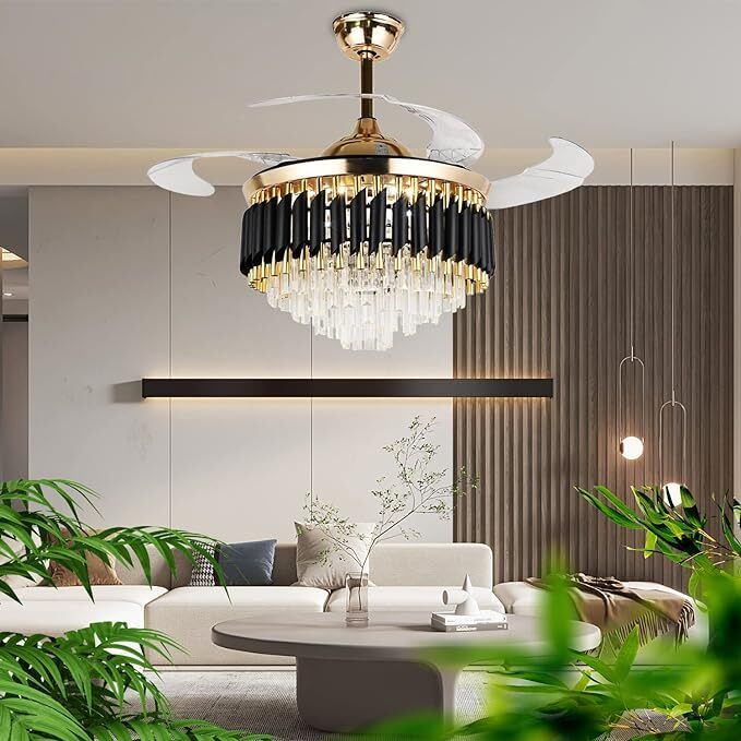 Luxury Black-Gold 42 inch 3 Color Light Dual Control Remote Ceiling Fan Crystal Chandelier Ceiling Lamp-image-5