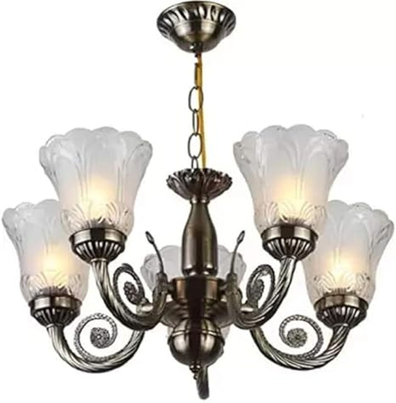 mahaur 5 Light Brown Plated Brass and Glass Antique Jhoomar Light Without Bulb Chandelier Ceiling Lamp-picture-27