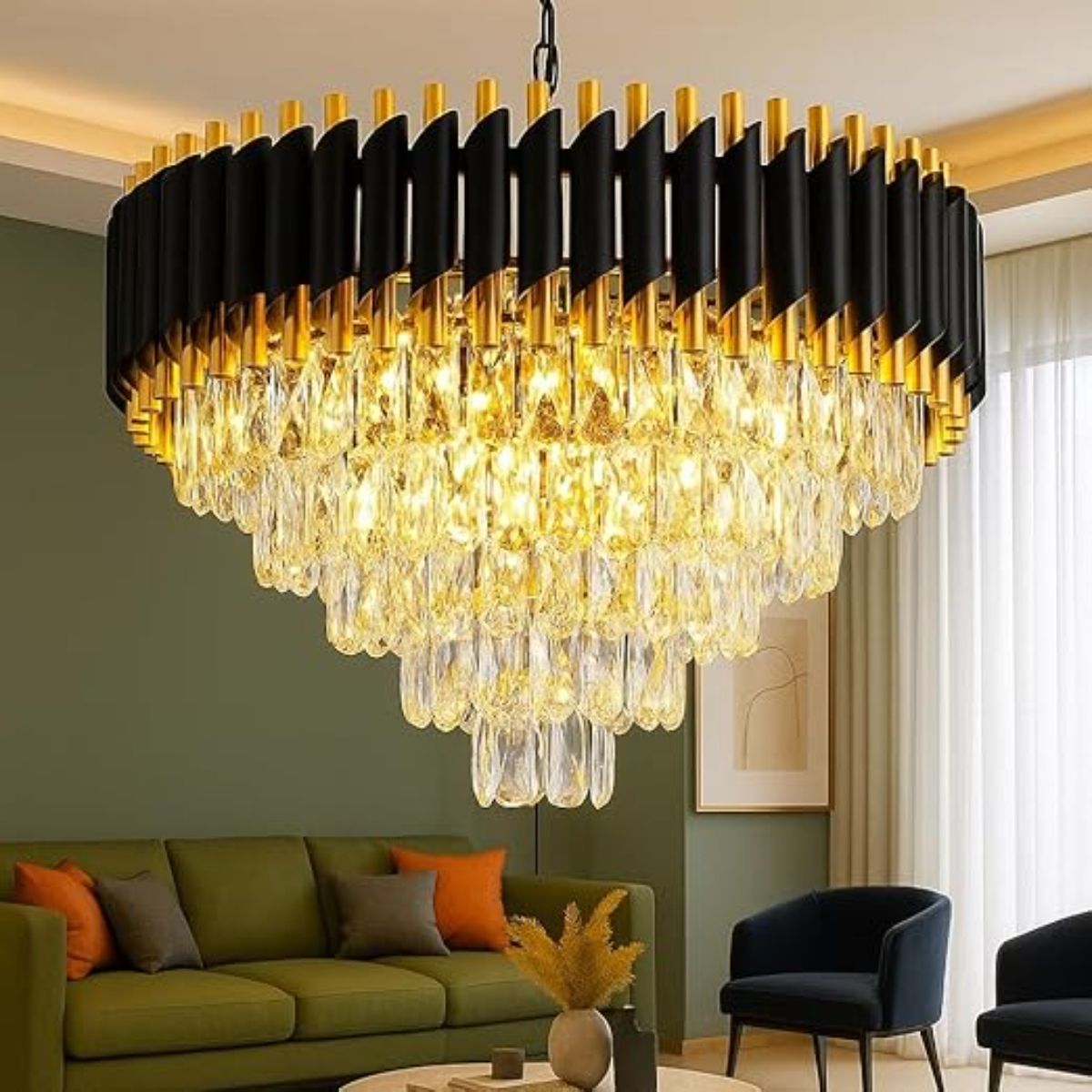 lk store Luxury 4 Tiers Crystal Chandelier 500mm Gold Finish with LED Light Black Gold Chandelier Ceiling Lamp-picture-17