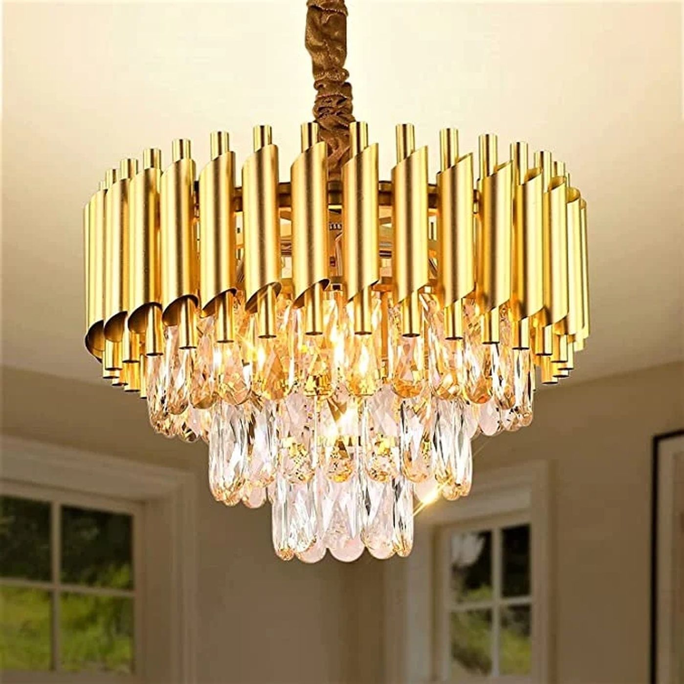 crystal Gold polish metal 500mm (L-40, B-40, H-80 Cm) hanging pendant jhoomer Chandelier Ceiling Lamp-image-24